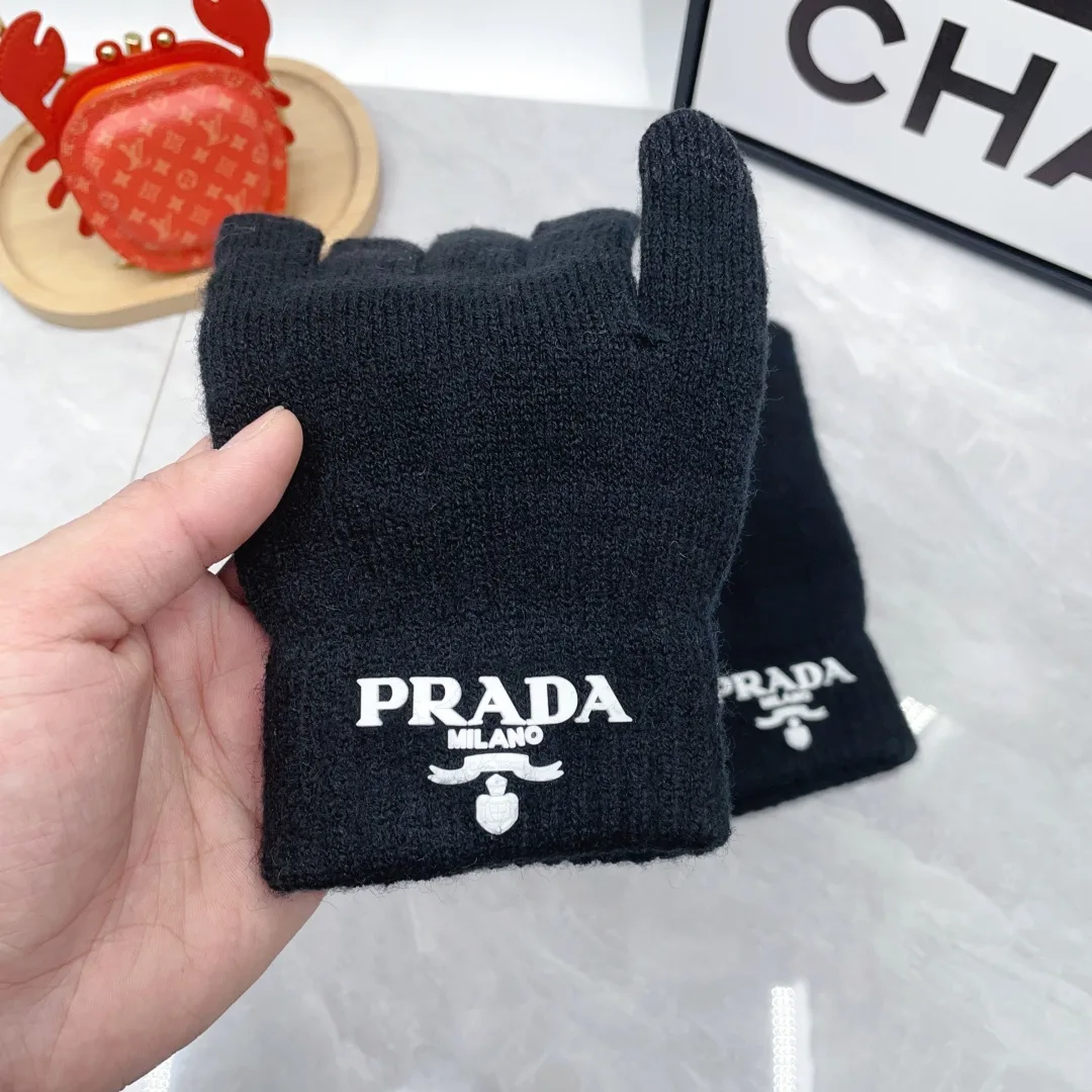 Prada Wool Ribbed Embroidered Hat Scarf and Gloves Set in Black · view 8