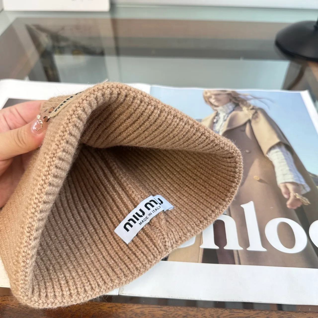 Miu Miu Ribbed Beanie in Tan · view 8
