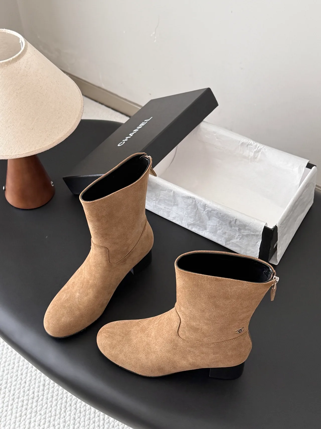 Chanel Sheepskin Suede-Look Round-Toe Ankle Boots in Tan · view 4