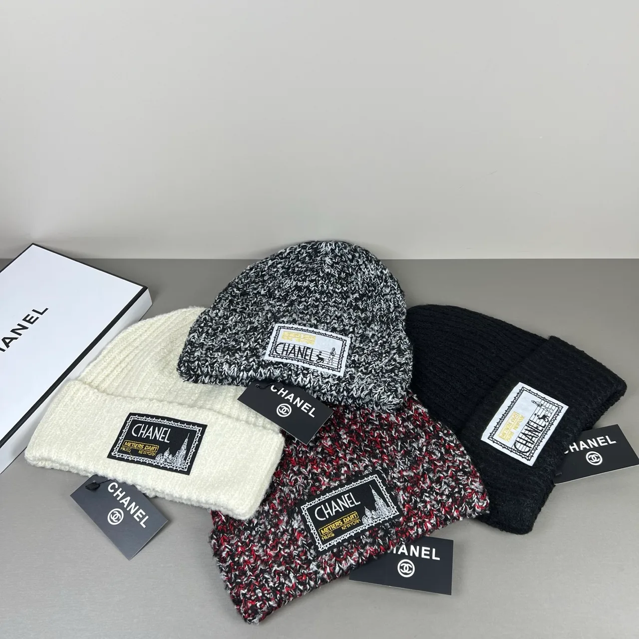 Chanel Flecked Knit Beanie in Burgundy & Grey & Cream & Black · view 3