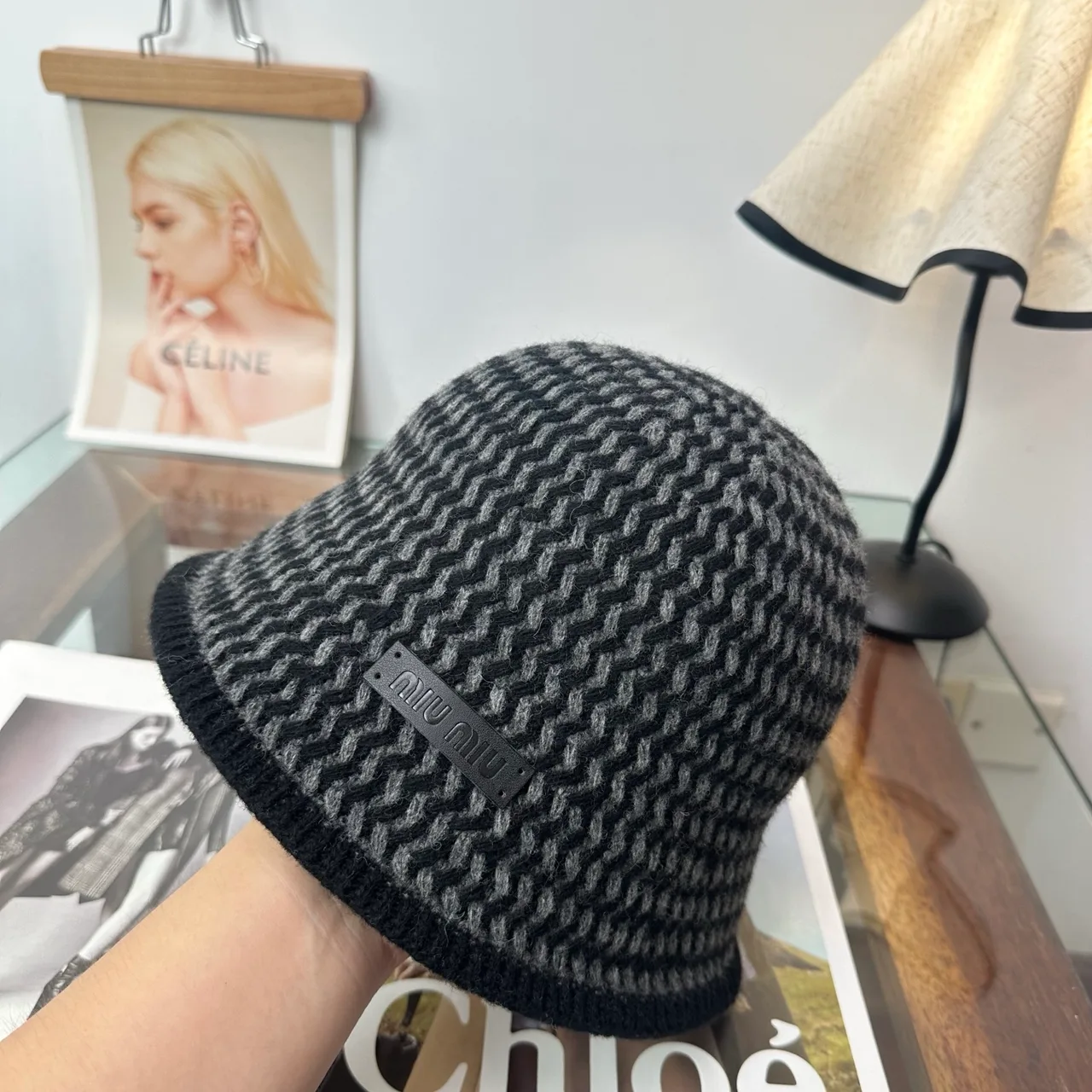 Miu Miu Chevron Knit Bucket Hat in Black · view 4