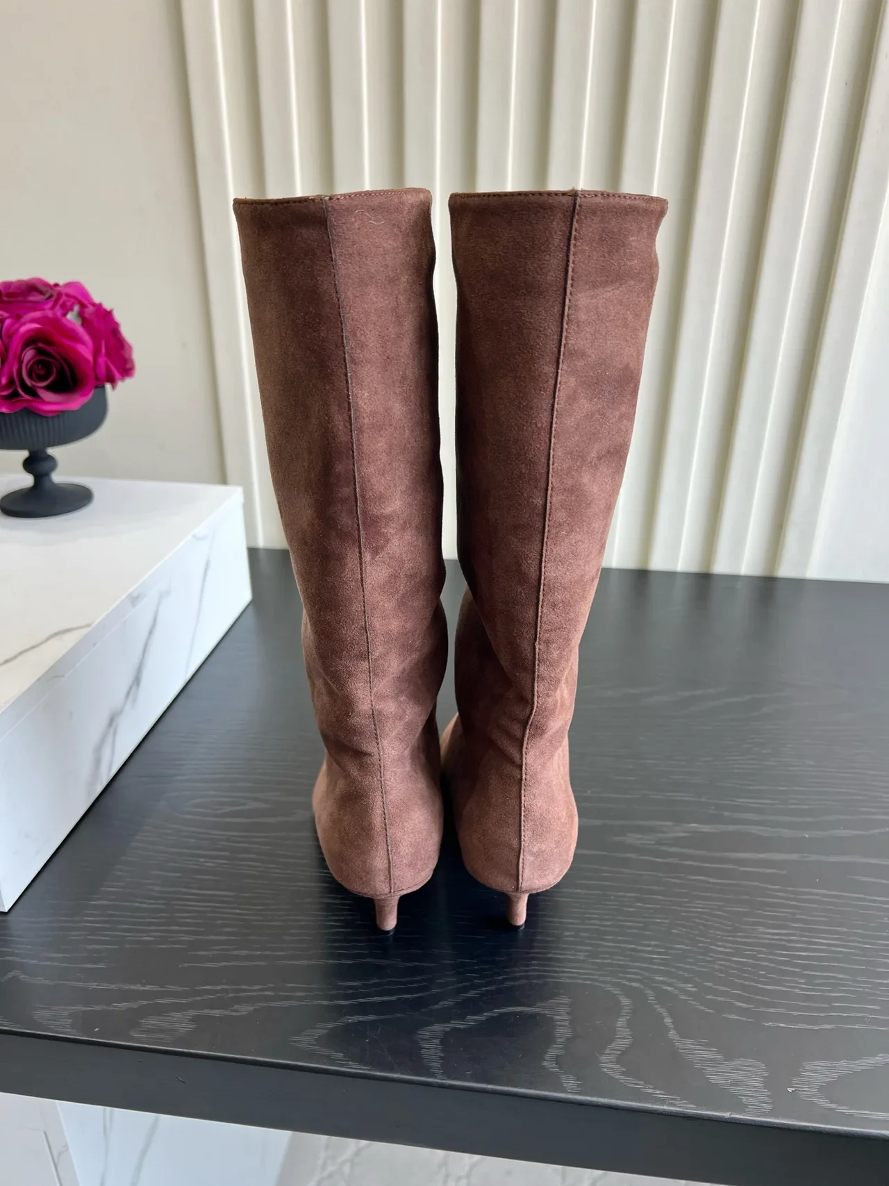 Amina Muaddi Cowhide Glossy Suede-Look Pointed-Toe Pointed Knee-High Boots in Pink · view 4