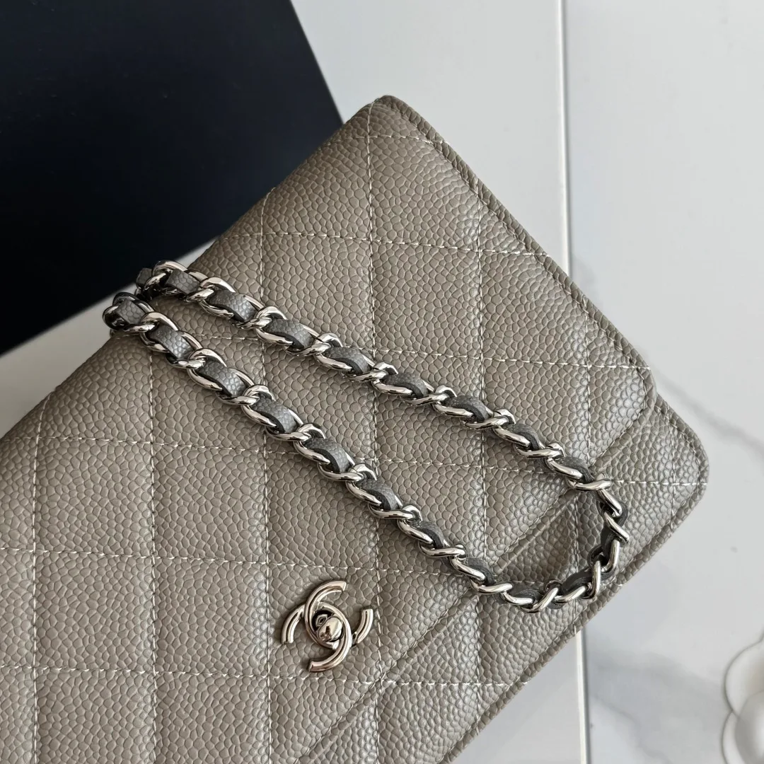 Chanel Calfskin Quilted Chain Wallet in Grey · view 7