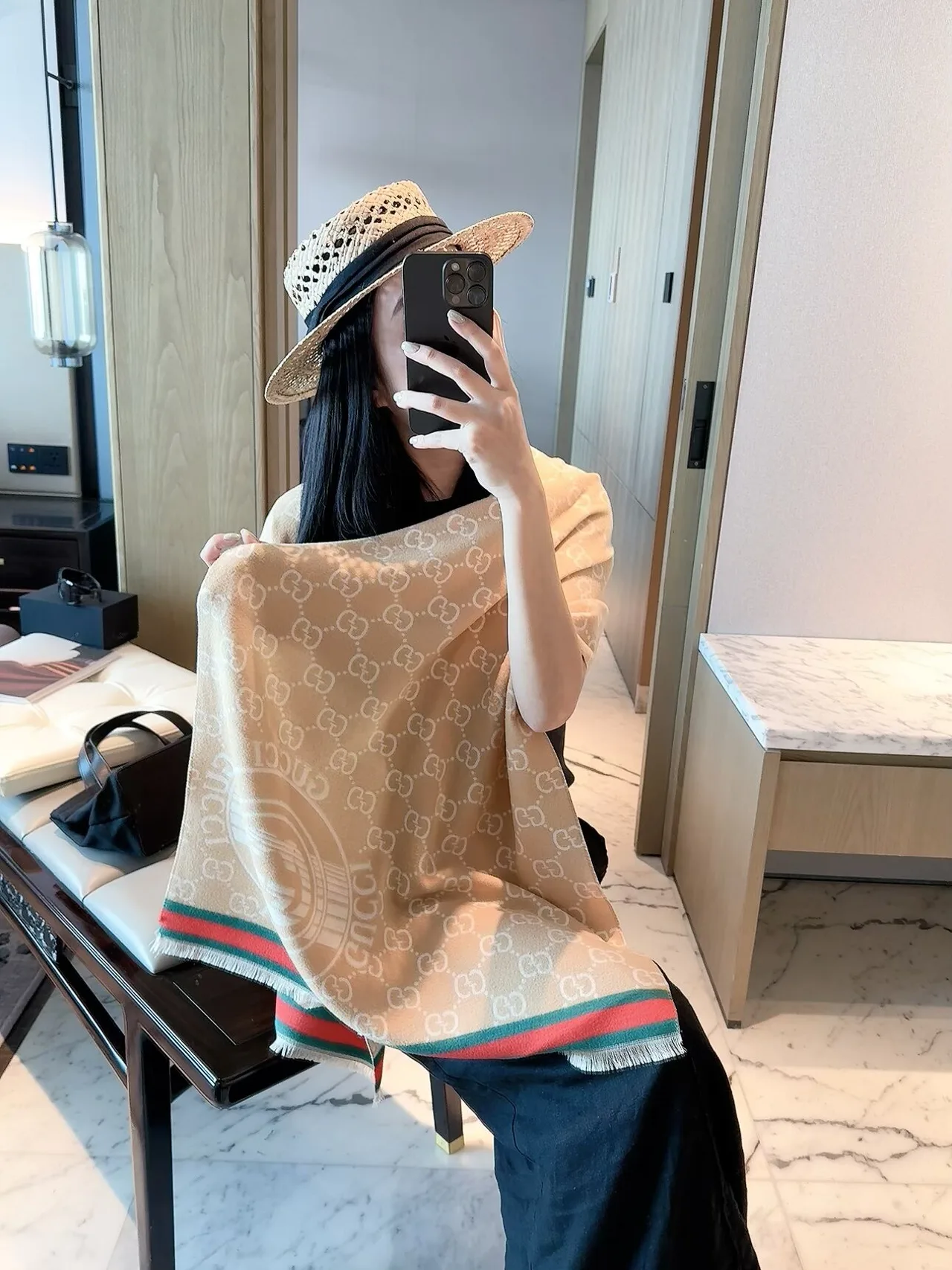 Gucci GG Web Shawl in Blue & Burgundy & Beige · view 3