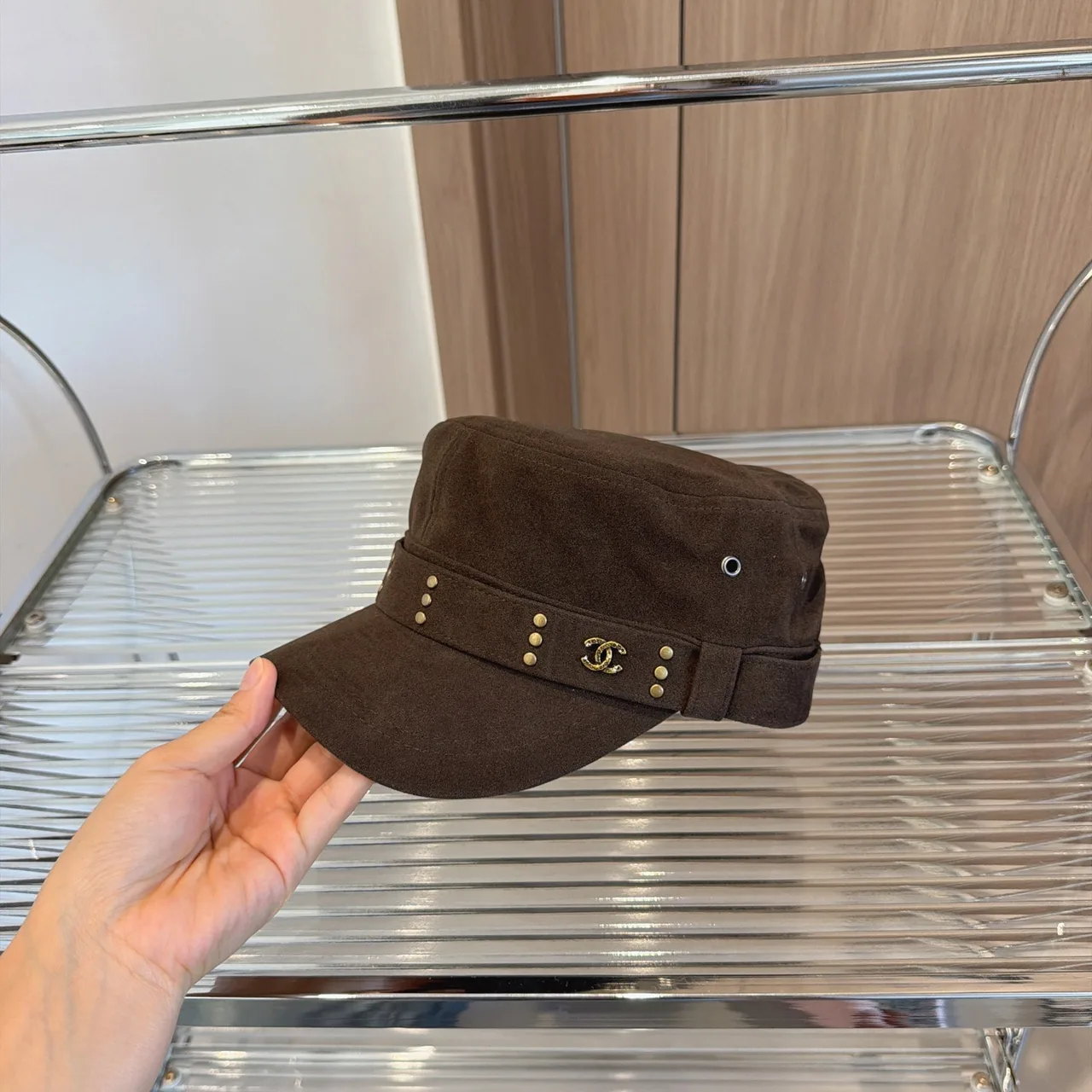 Chanel Flat-top logo-trim cap in Black & Brown · view 6