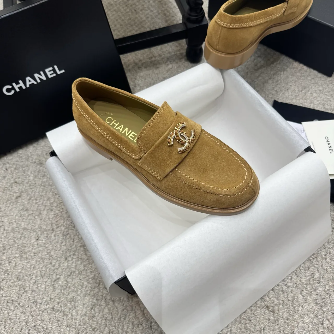Chanel Cowhide Suede-Look Loafers in Brown · view 5