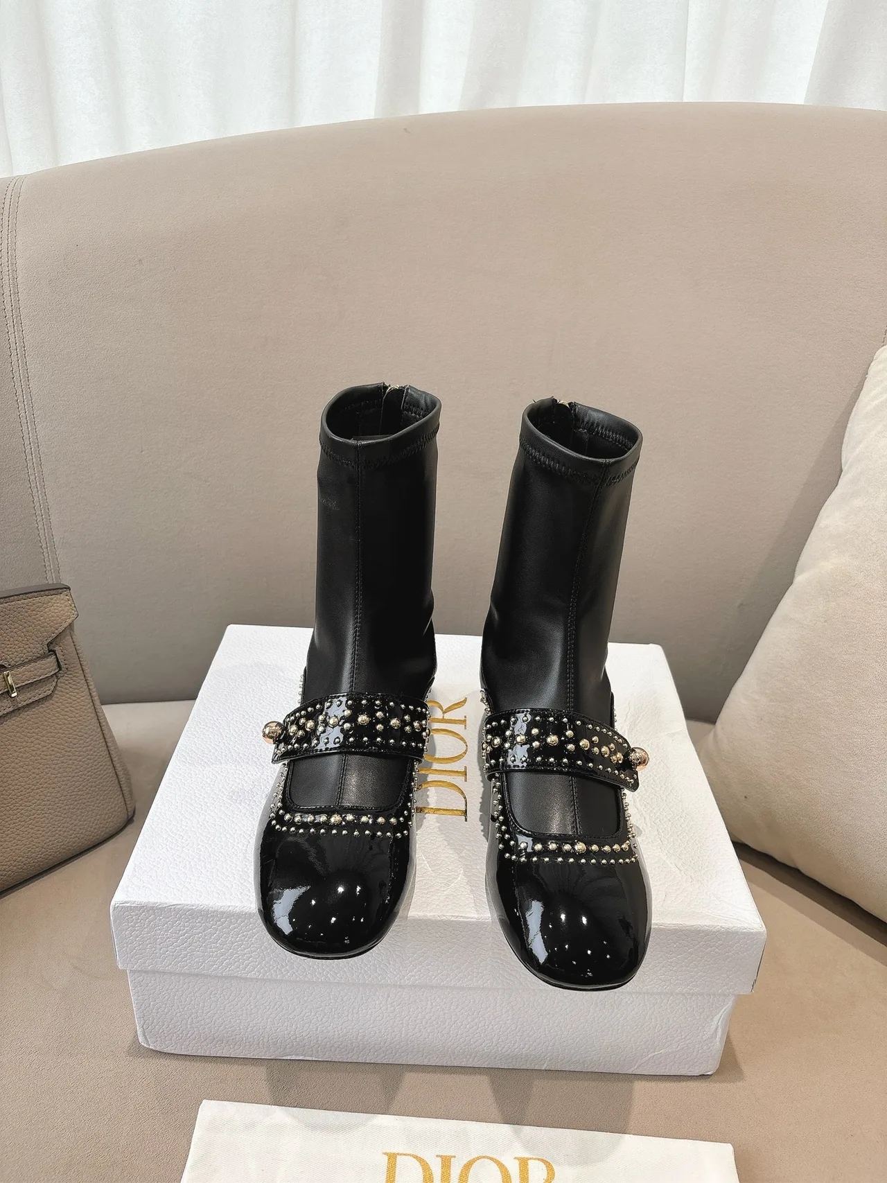 Dior Sheepskin Patent Leather Glossy Square-Toe Ankle Boots in Black · view 1