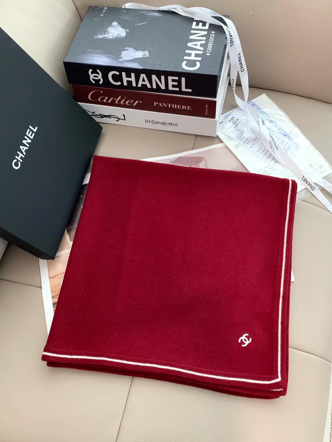 Chanel Square Scarf in Burgundy & Black · view 1