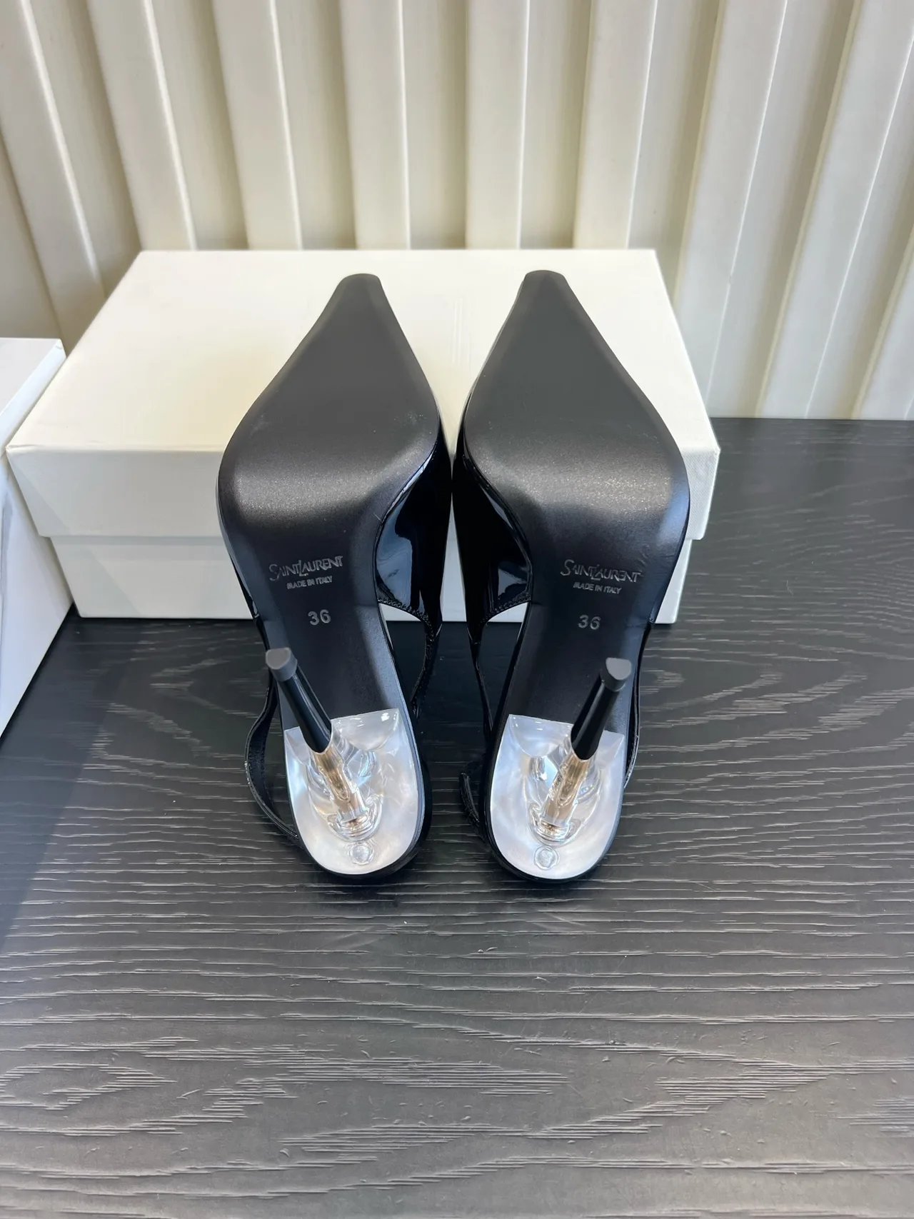 Saint Laurent Cowhide Silk Glossy Pointed-Toe Buckle Slingback Heels in Black · view 6