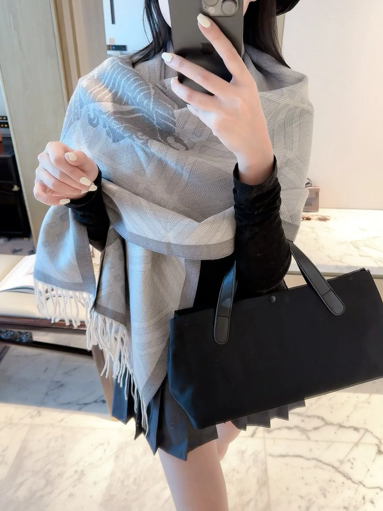 Burberry Knight and Check Fringe Scarf in Grey & Blue & Pink & Brown · view 2