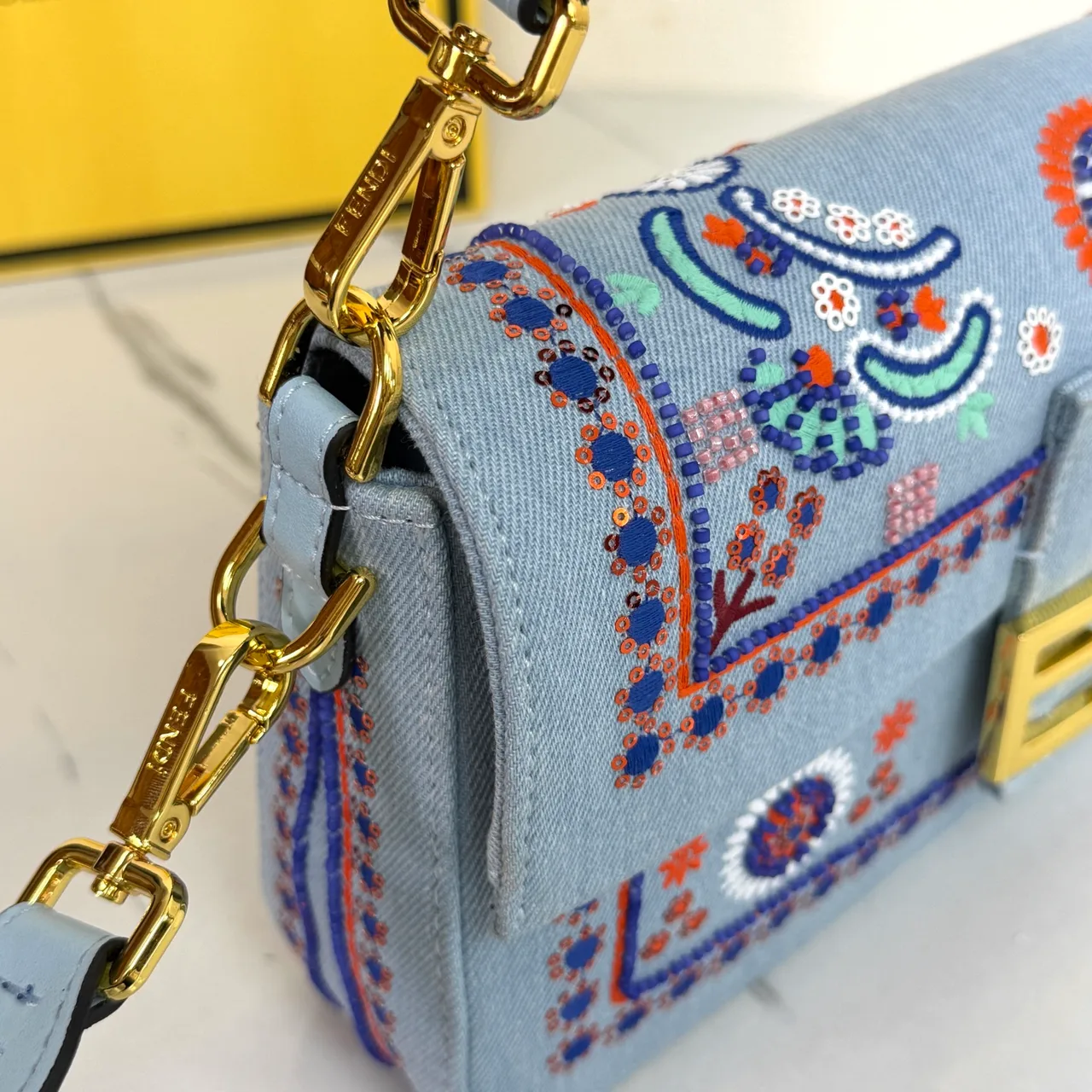 Fendi Baguette Embroidered Floral Flap Shoulder Bag in Blue · view 8
