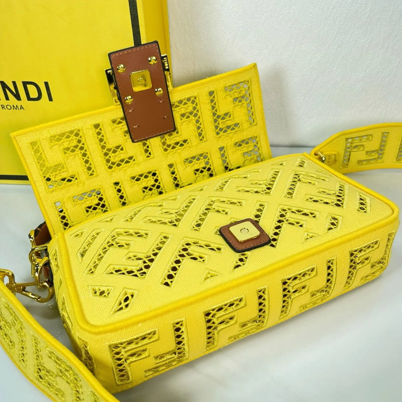 Fendi Canvas Cutout FF-Pattern Flap Shoulder Bag in Yellow · view 3