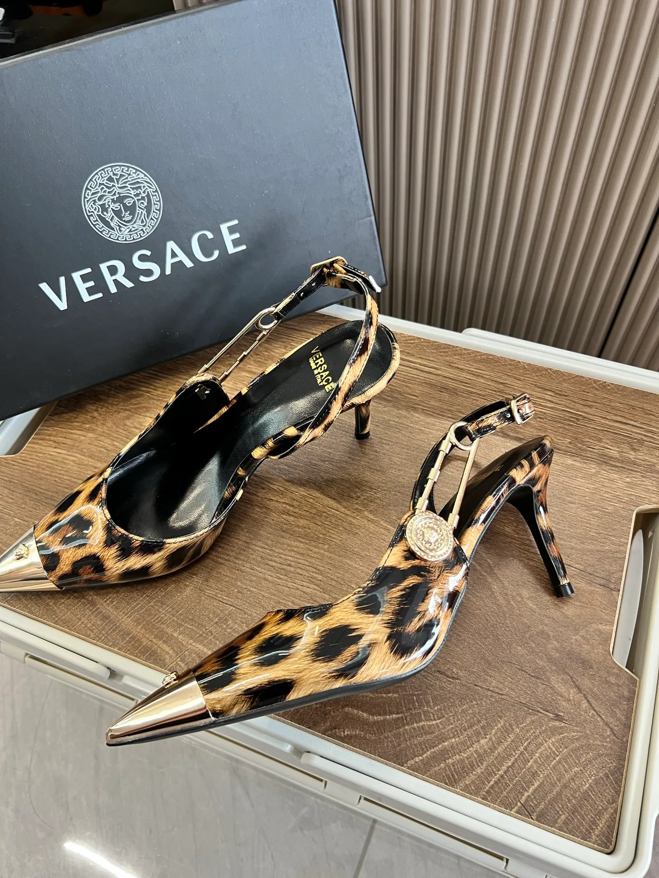 Versace Pointed-Toe Leopard-Print Slingback Pumps in Brown · view 4