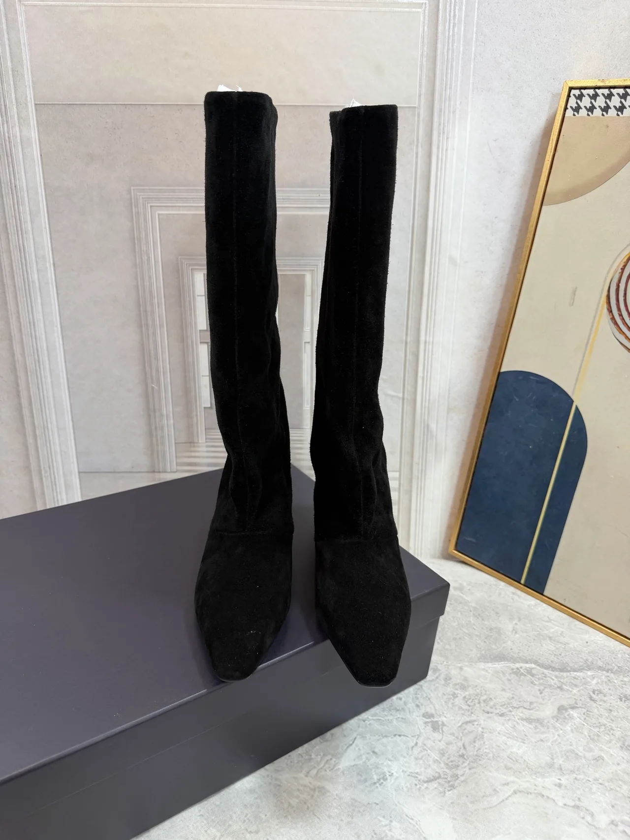 Suede-Look Pointed-Toe Knee-High Block-Heel Boots in Black · view 7