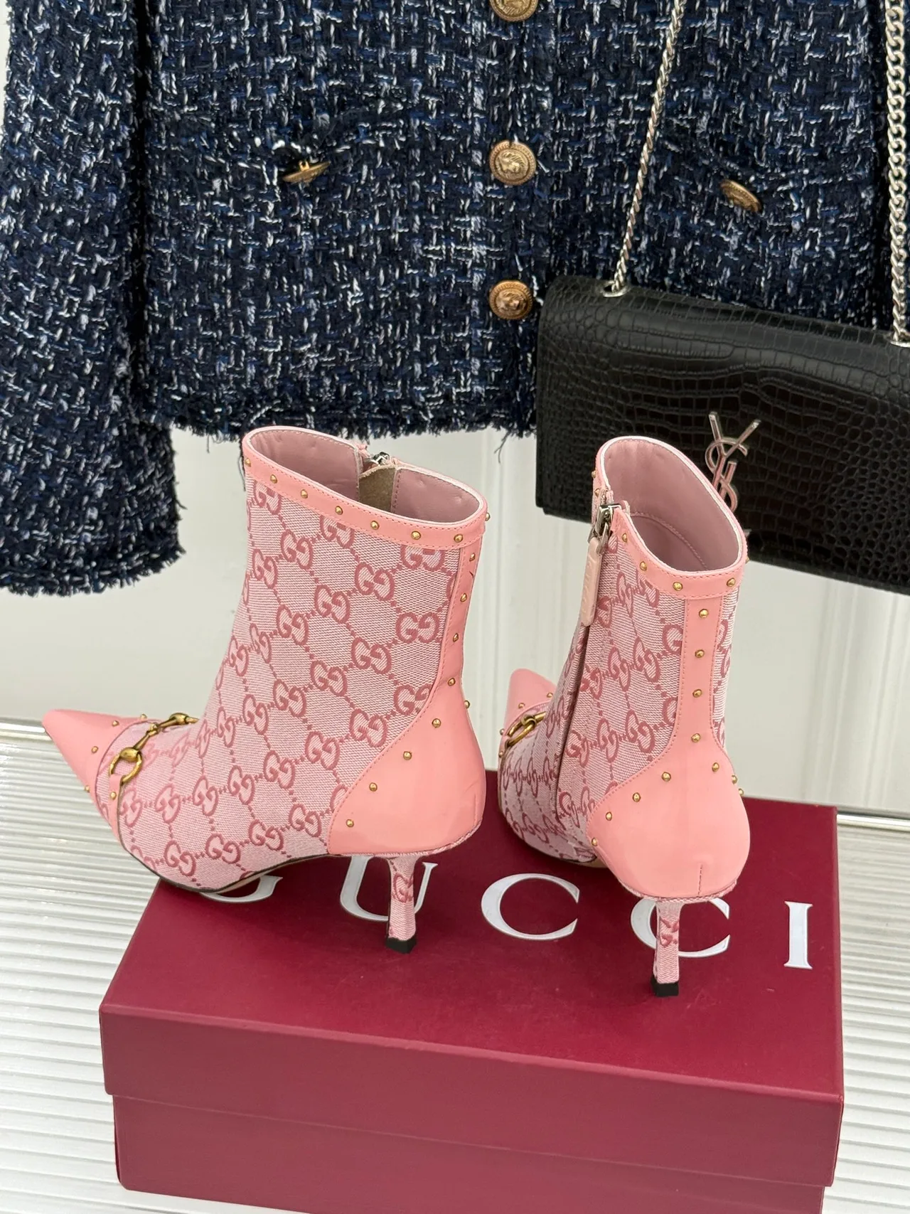 Gucci Sheepskin Canvas Ankle Boots in Pink · view 5