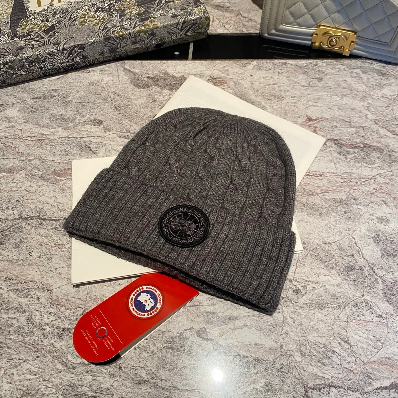 Canada Goose Cable-knit logo beanie in Black & Grey & White & Tan & Cream & Blue & Pink & Burgundy · view 2