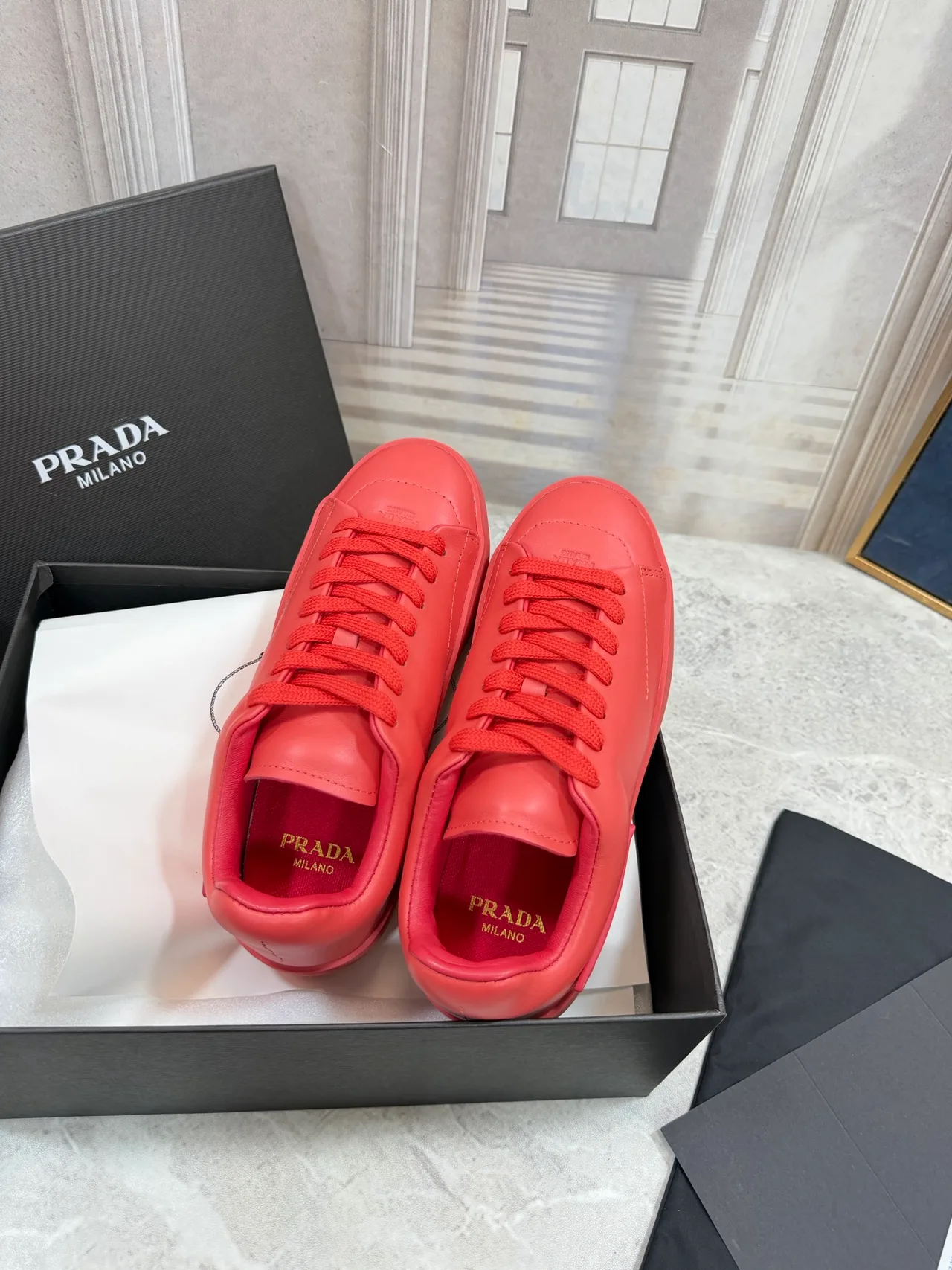 Prada Cowhide Round-Toe Low-Top Sneakers in Red · view 7
