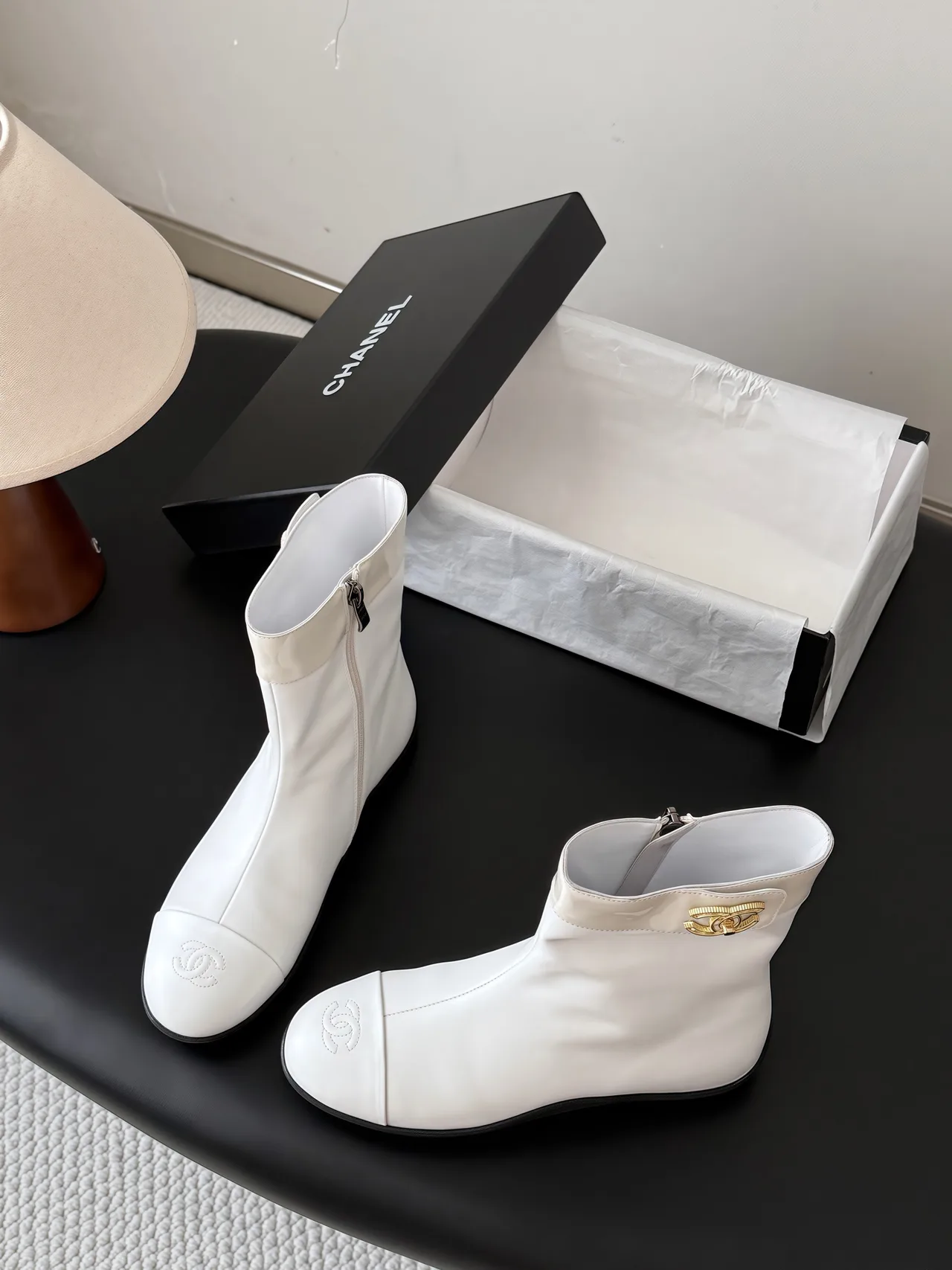 Chanel Cowhide Glossy Ankle Boots in White · view 5