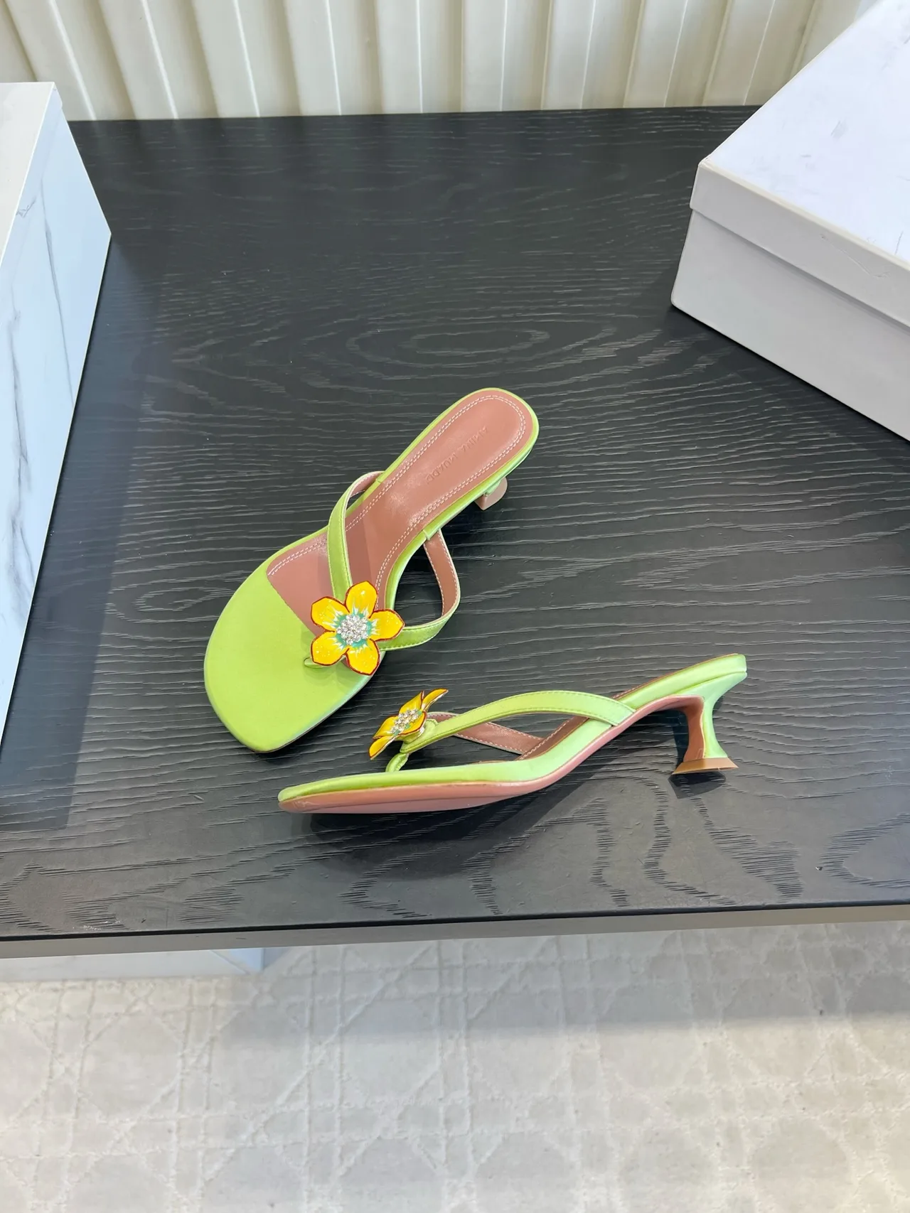 Amina Muaddi Silk Sandals in Green · view 4