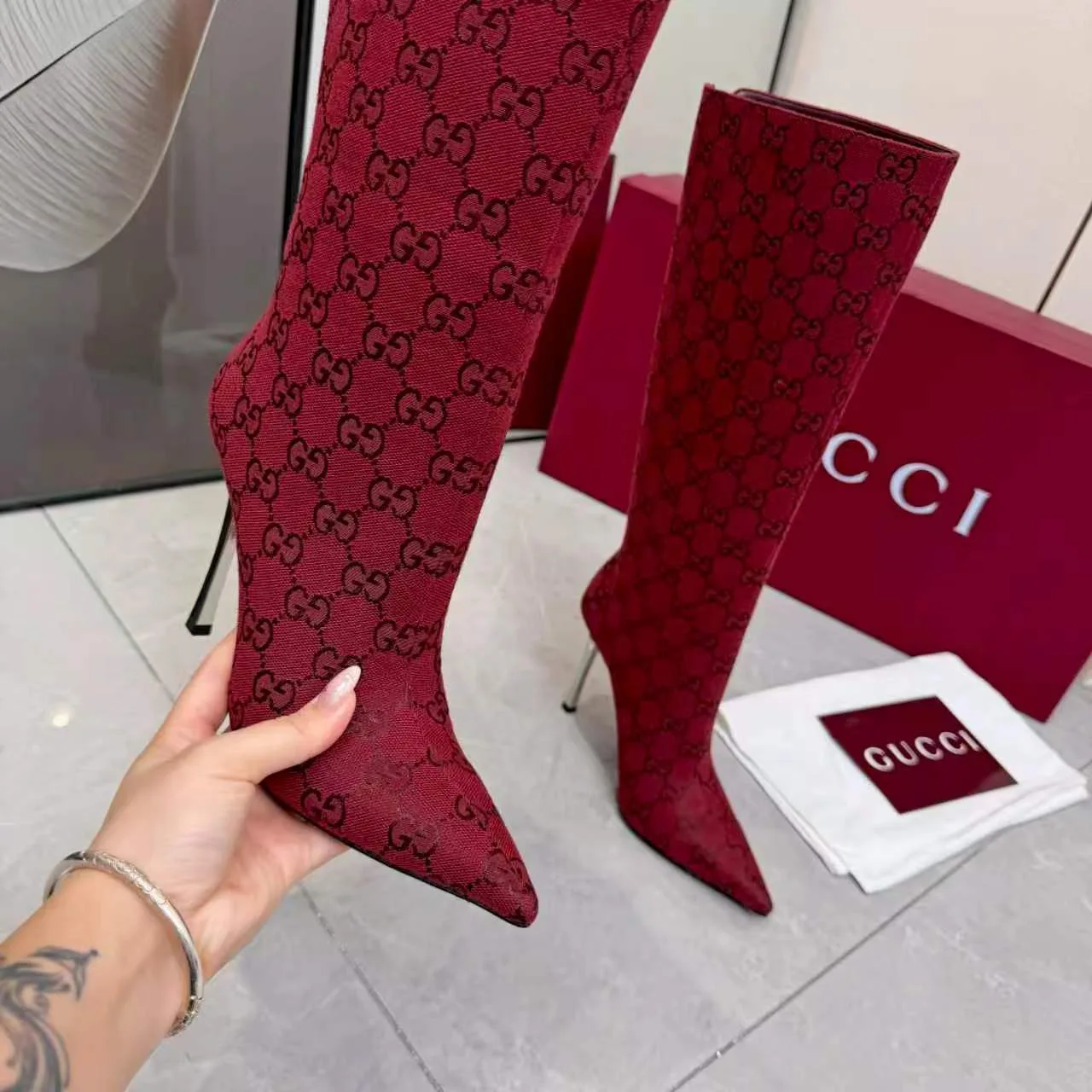 Gucci Cowhide Pointed-Toe Knee-High Boots in Red · view 8