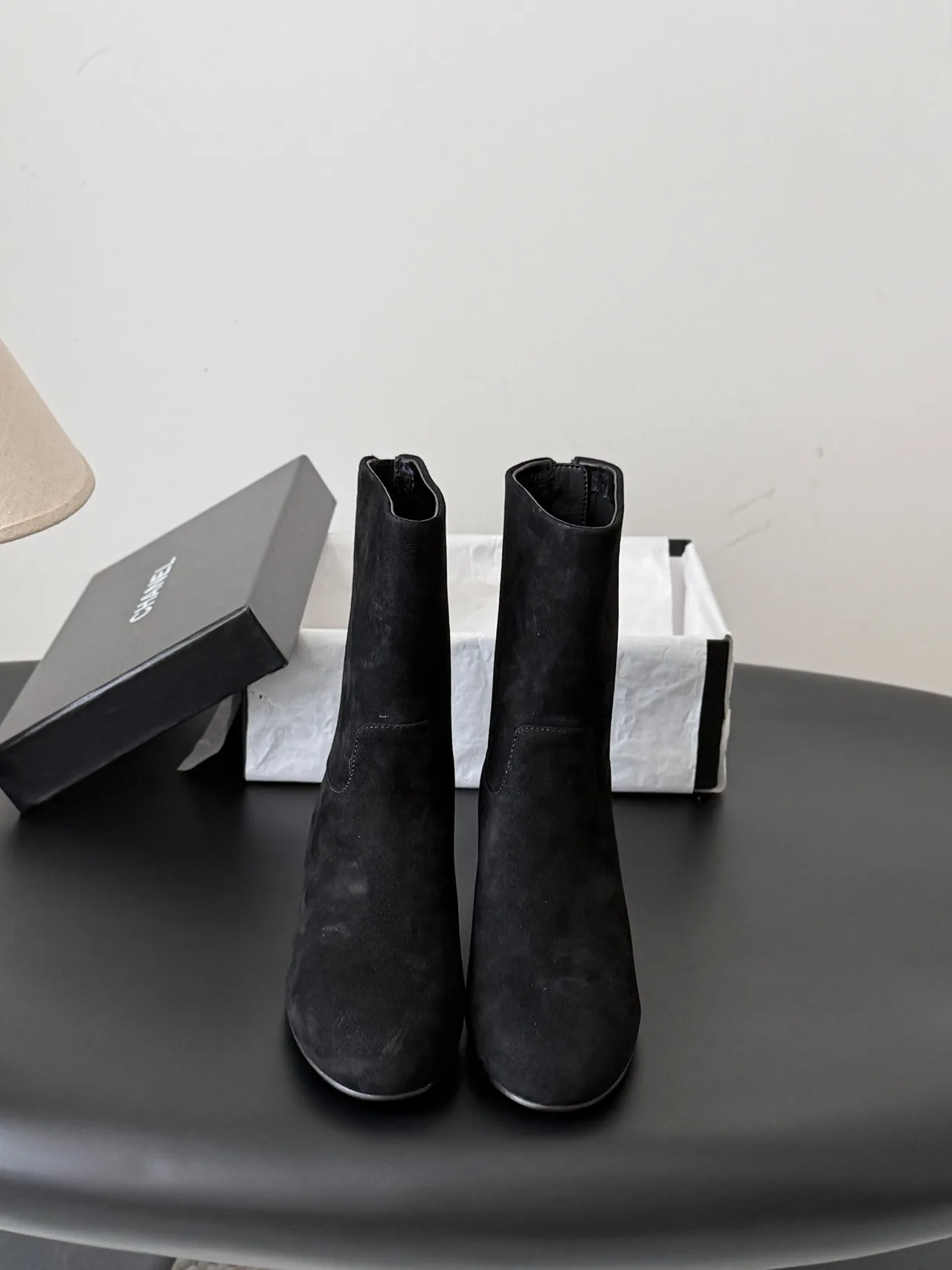 Chanel Sheepskin Suede-Look Round-Toe Ankle Boots in Black · view 1