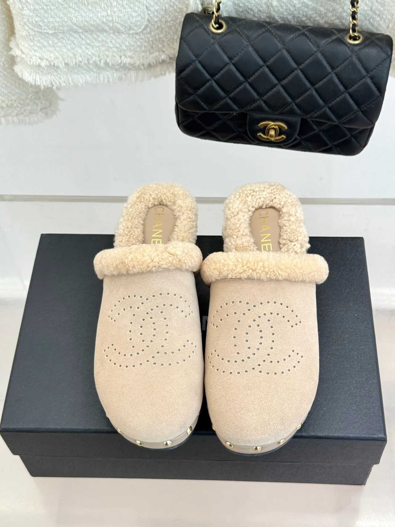 Chanel Patent Leather Wool Mules in Beige · view 4