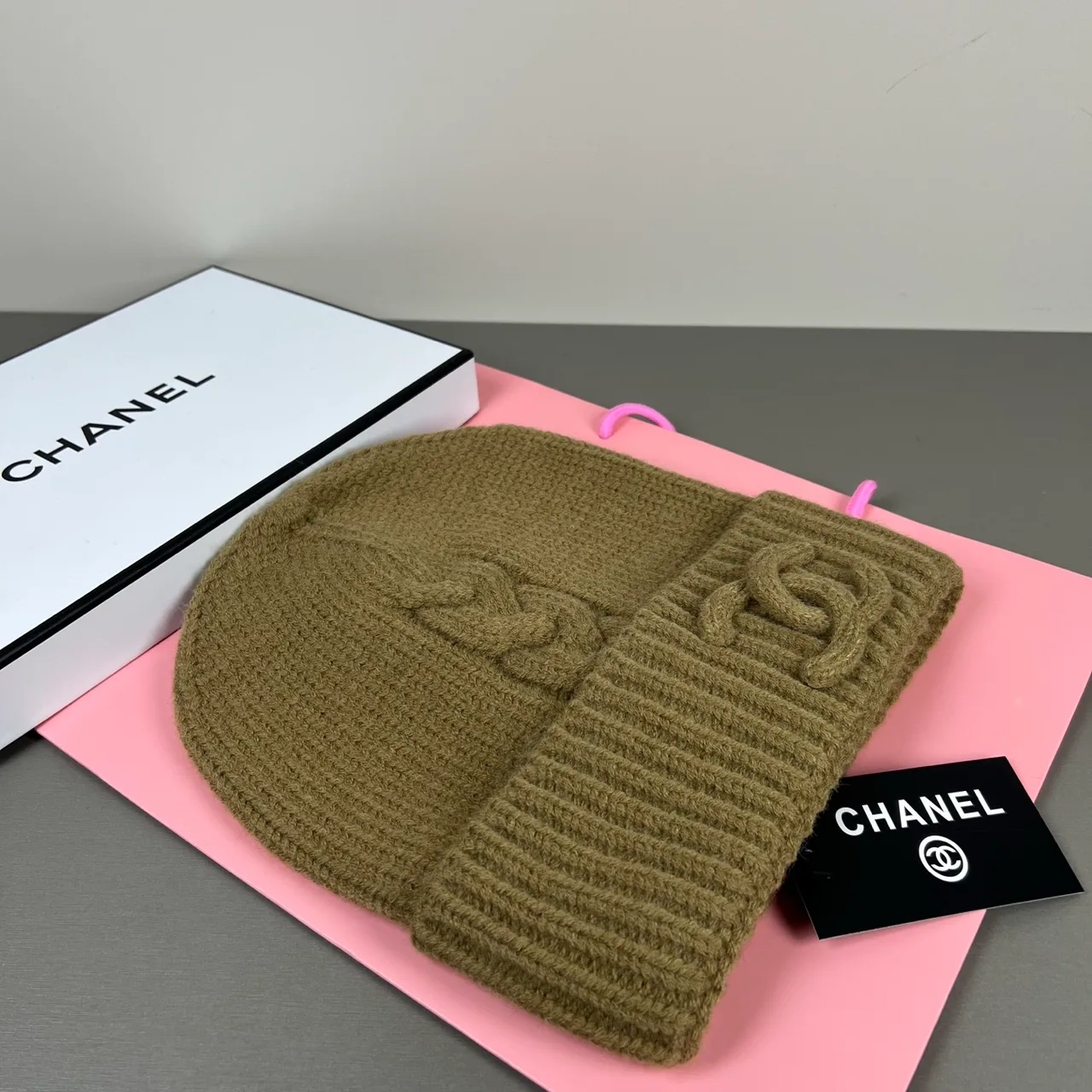 Chanel Raised CC Knit Beanie in Green & Grey & Red & Blue & White · view 6