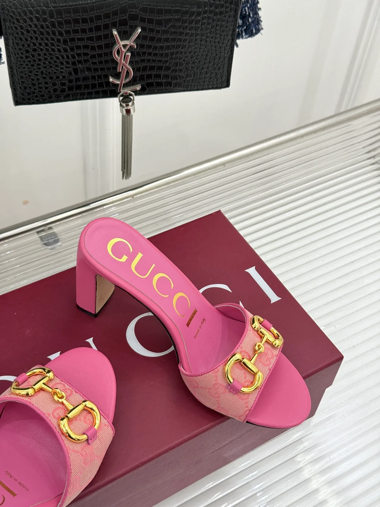 Gucci Canvas Denim Glossy Mules in Pink · view 5