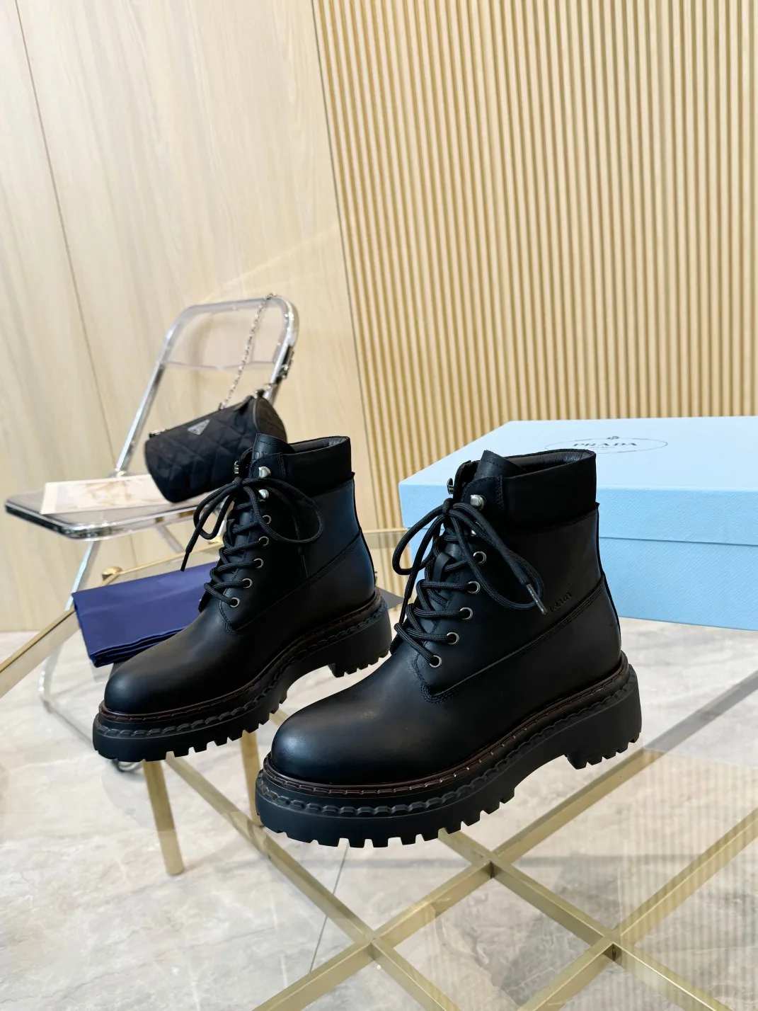 Prada Lace-Up Ankle Boots in Black · view 4