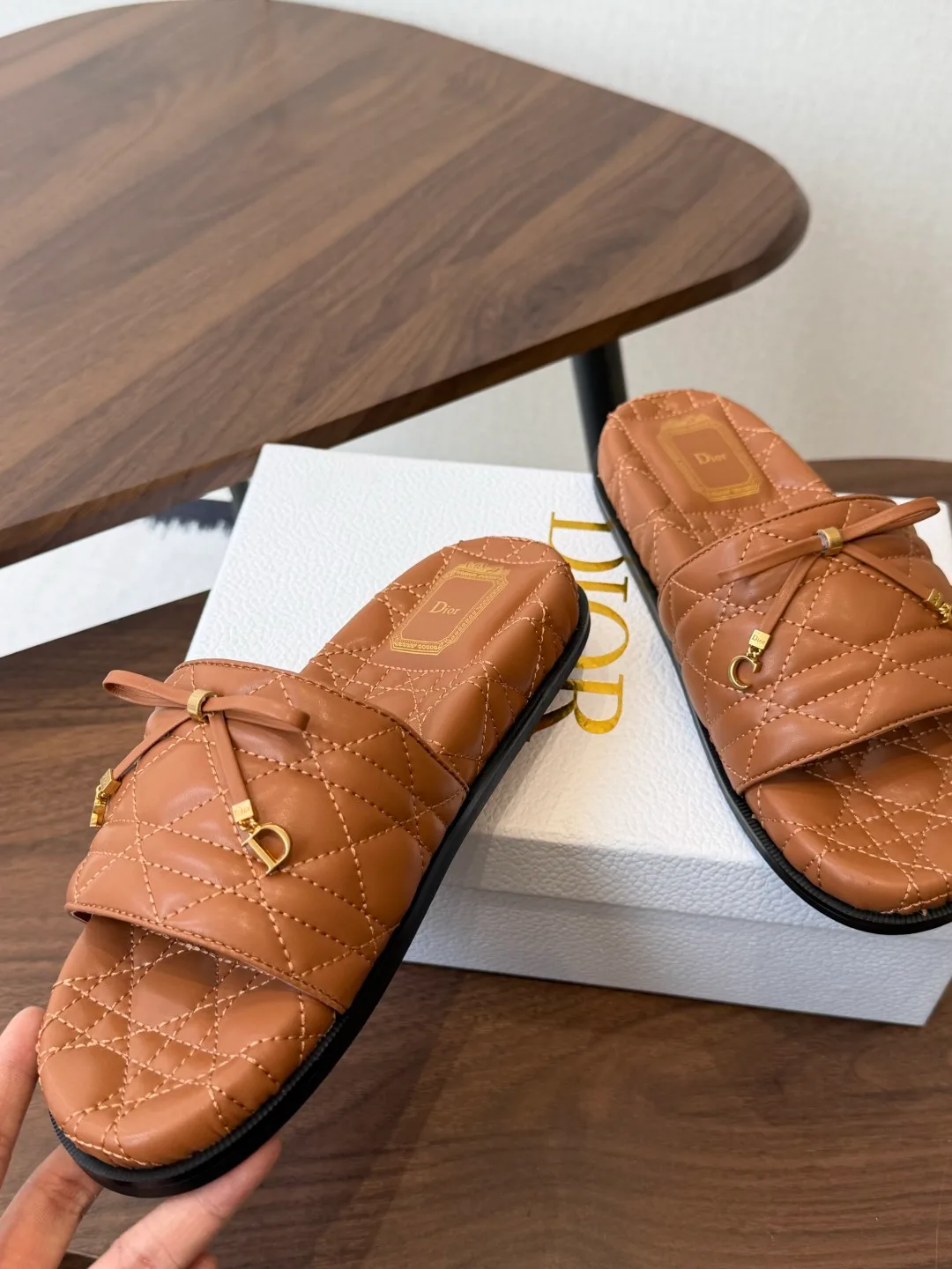 Dior Denim Quilted Slippers in Brown · view 5