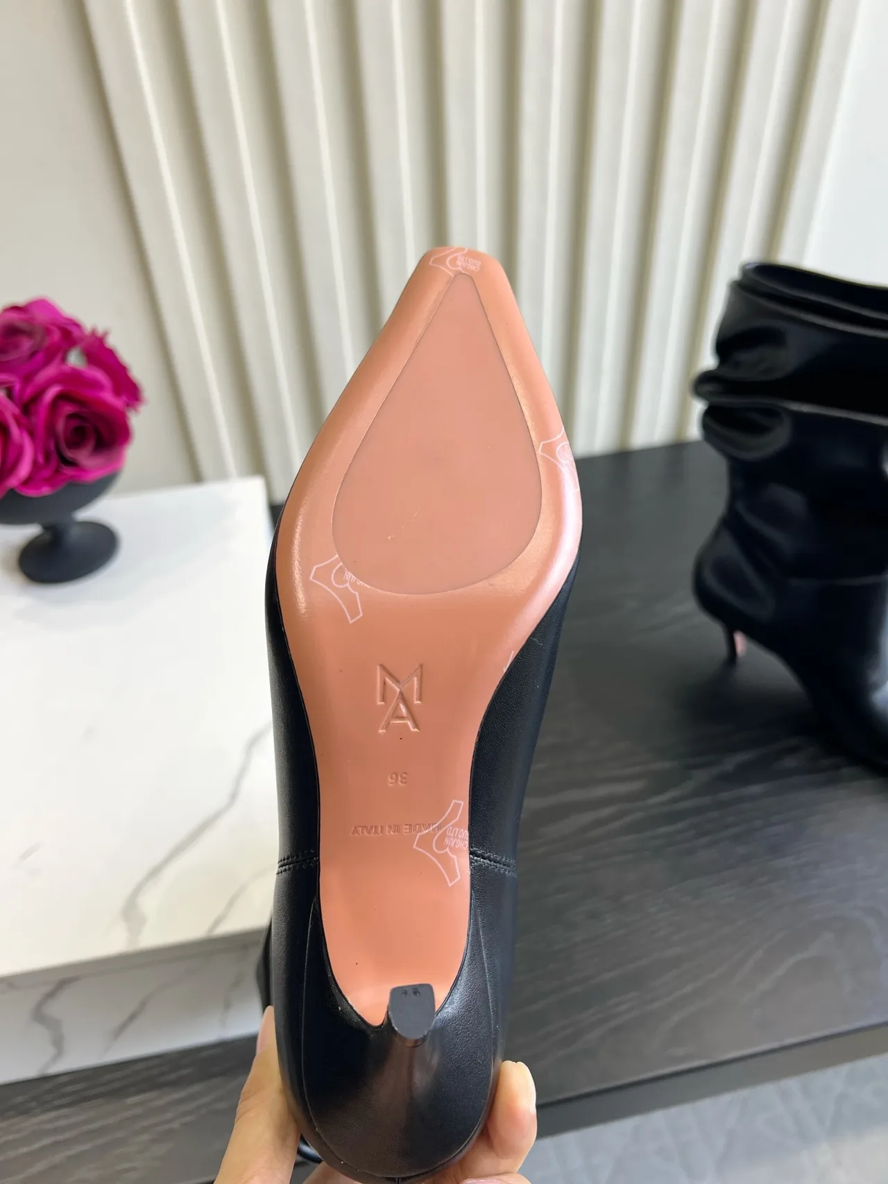 Amina Muaddi Cowhide Glossy Pointed-Toe Boots in Black · view 5