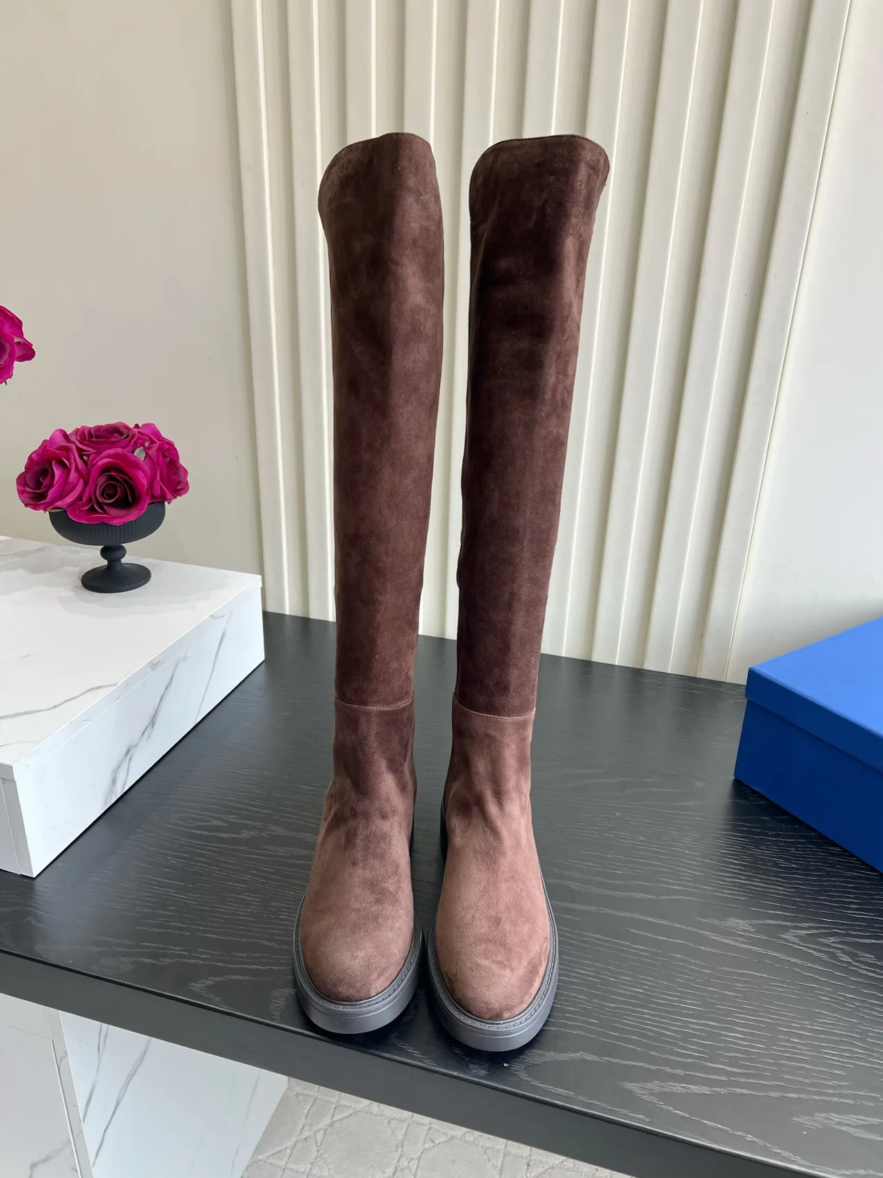 Stuart Weitzman Sheepskin Suede-Look Knee-High Boots in Brown · view 1