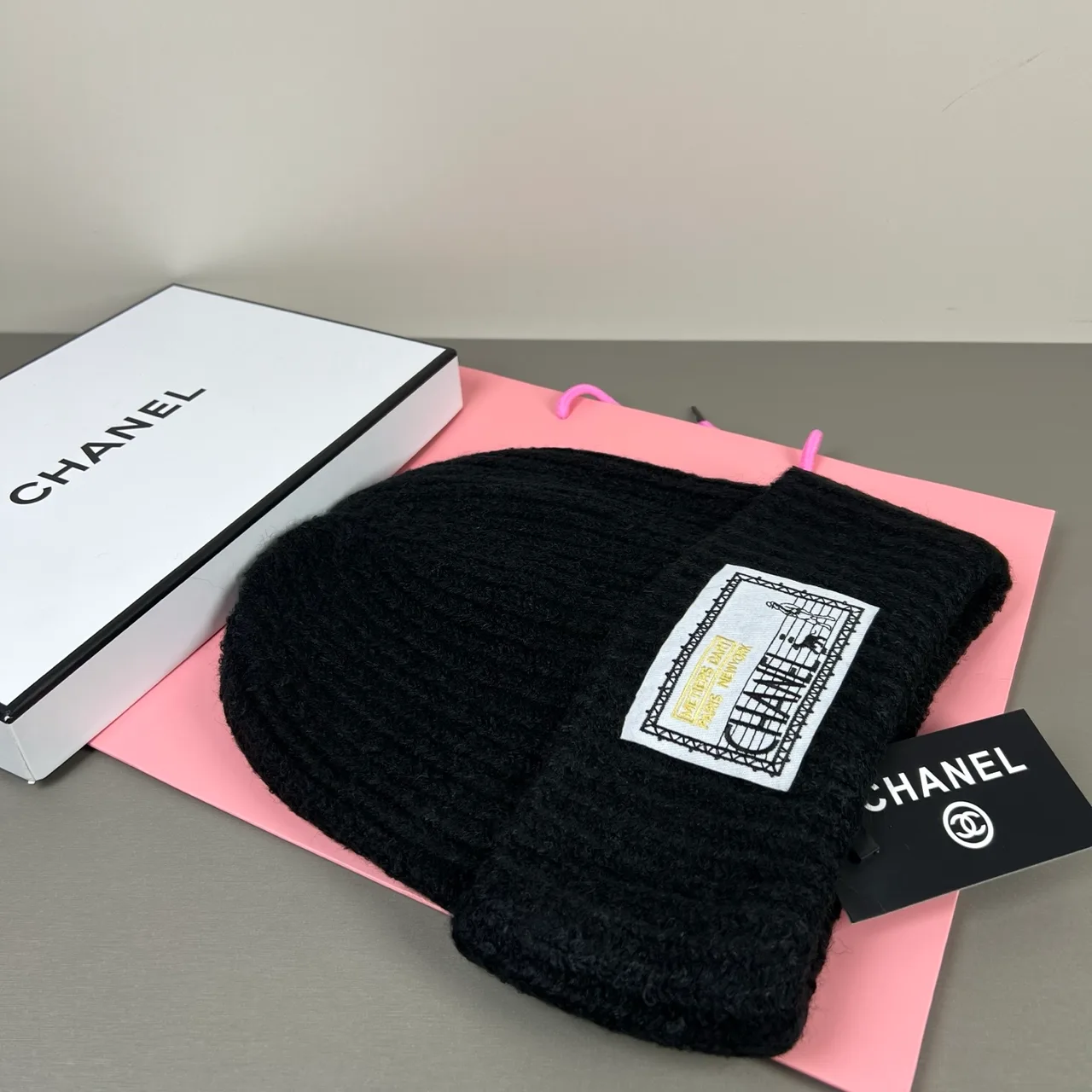Chanel Label-patch knit beanie in Black & Cream · view 6