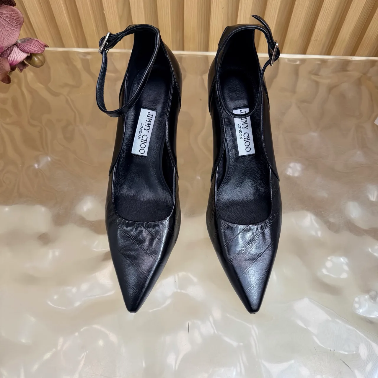 Jimmy Choo Cowhide Glossy Pointed-Toe Pointed Heel Pumps in Black · view 5