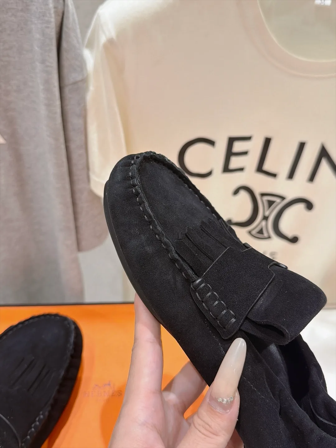 Celine Suede-Look Round-Toe Loafers in Black · view 7