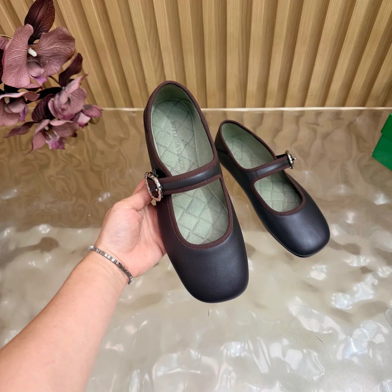 Bottega Veneta Sheepskin Quilted Buckle Mary Jane Flats in Brown · view 6