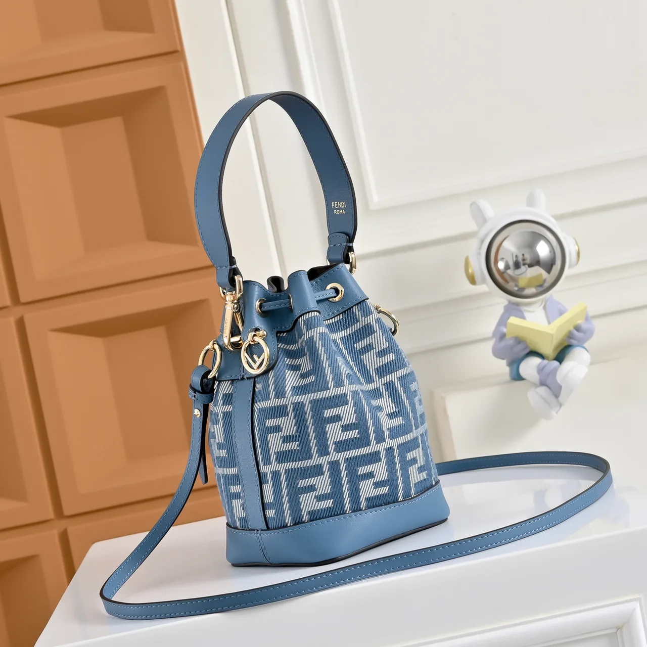 Fendi Calfskin Embroidered Bucket Bag in Blue · view 2