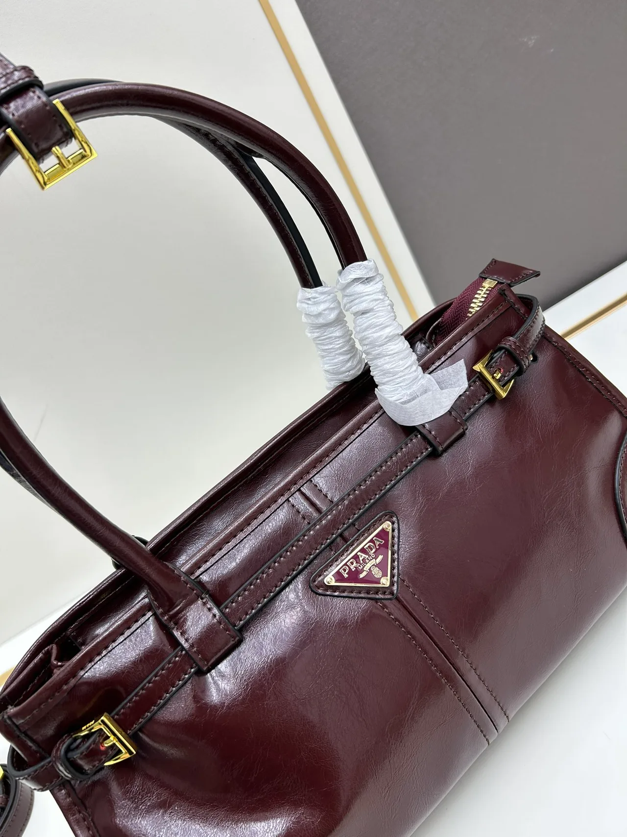Prada Glossy Top-Handle Bag in Burgundy · view 4