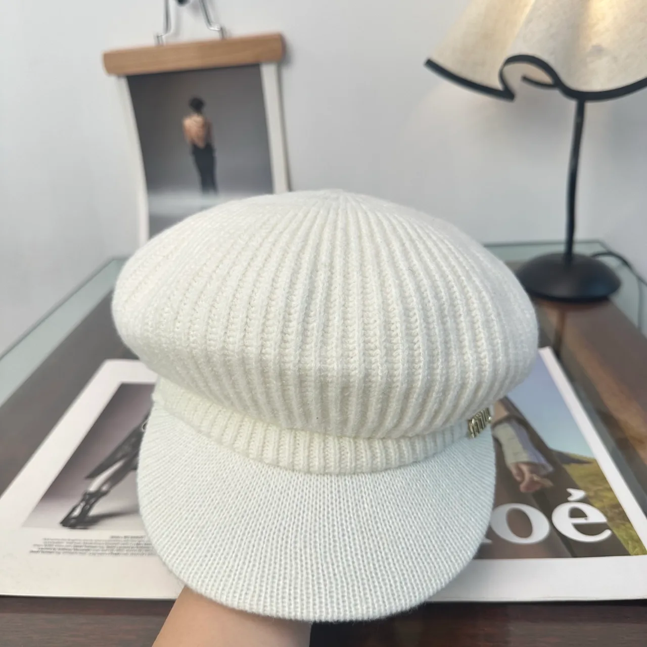 Miu Miu Ribbed Newsboy Cap in White · view 4