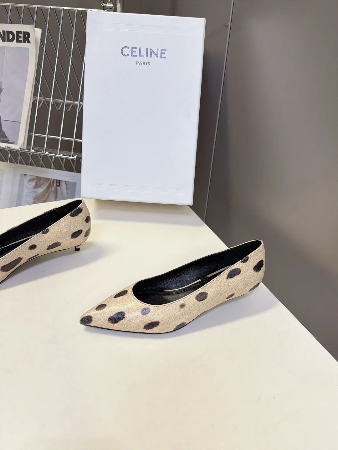 Celine Lambskin Pointed-Toe Spotted Kitten Heel Pumps in Beige · view 3