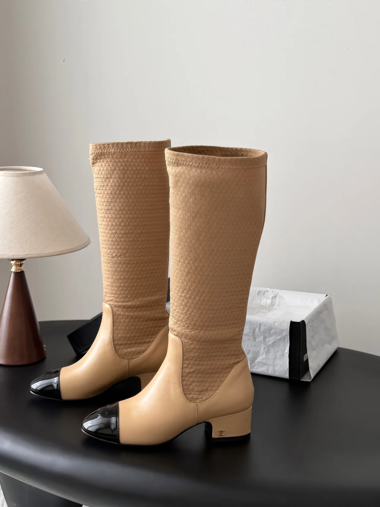 Chanel Cowhide Glossy Pointed-Toe Knee-High Boots in Beige · view 2