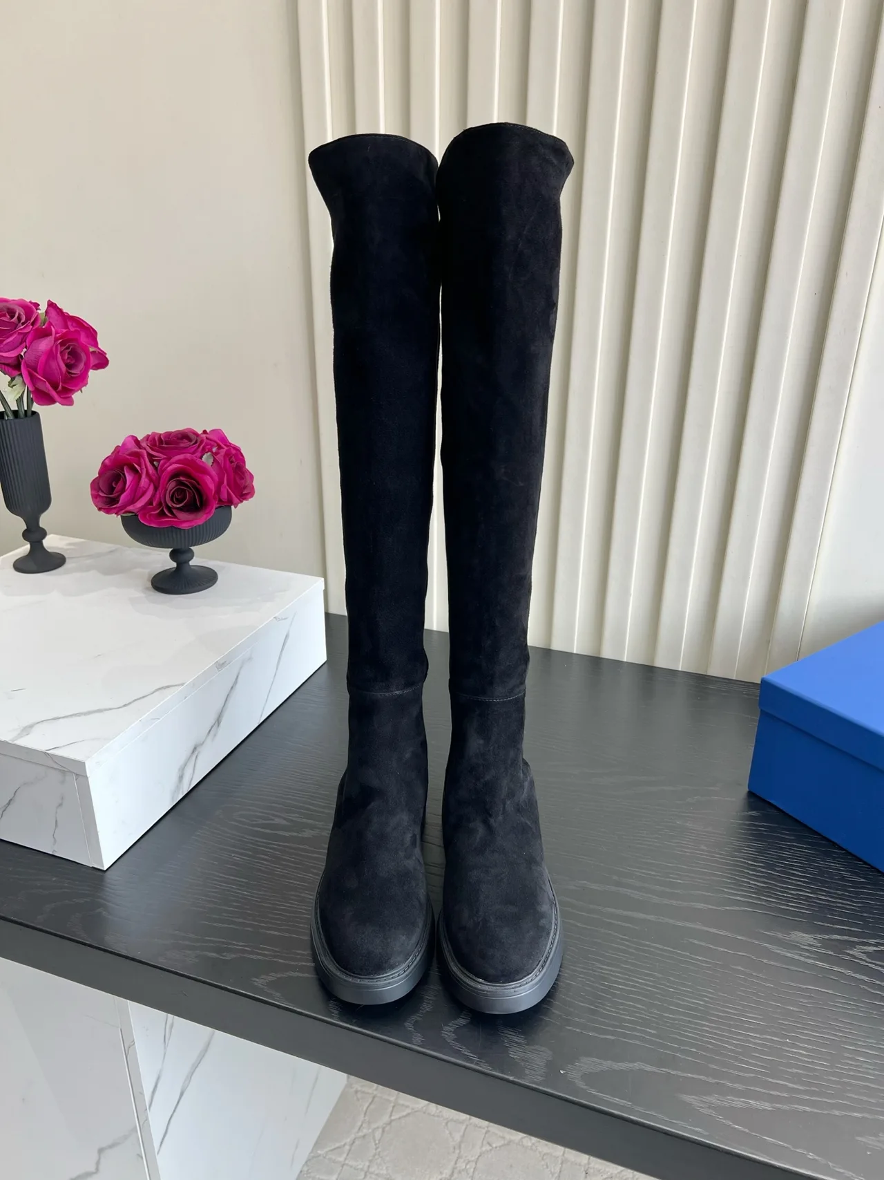 Stuart Weitzman Sheepskin Suede-Look Round-Toe Over-the-Knee Boots in Black · view 3