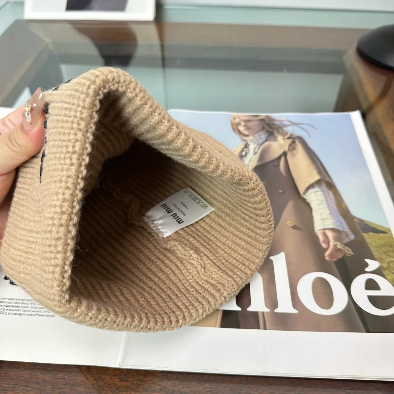 Miu Miu Ribbed Embroidered Beanie in Beige · view 8