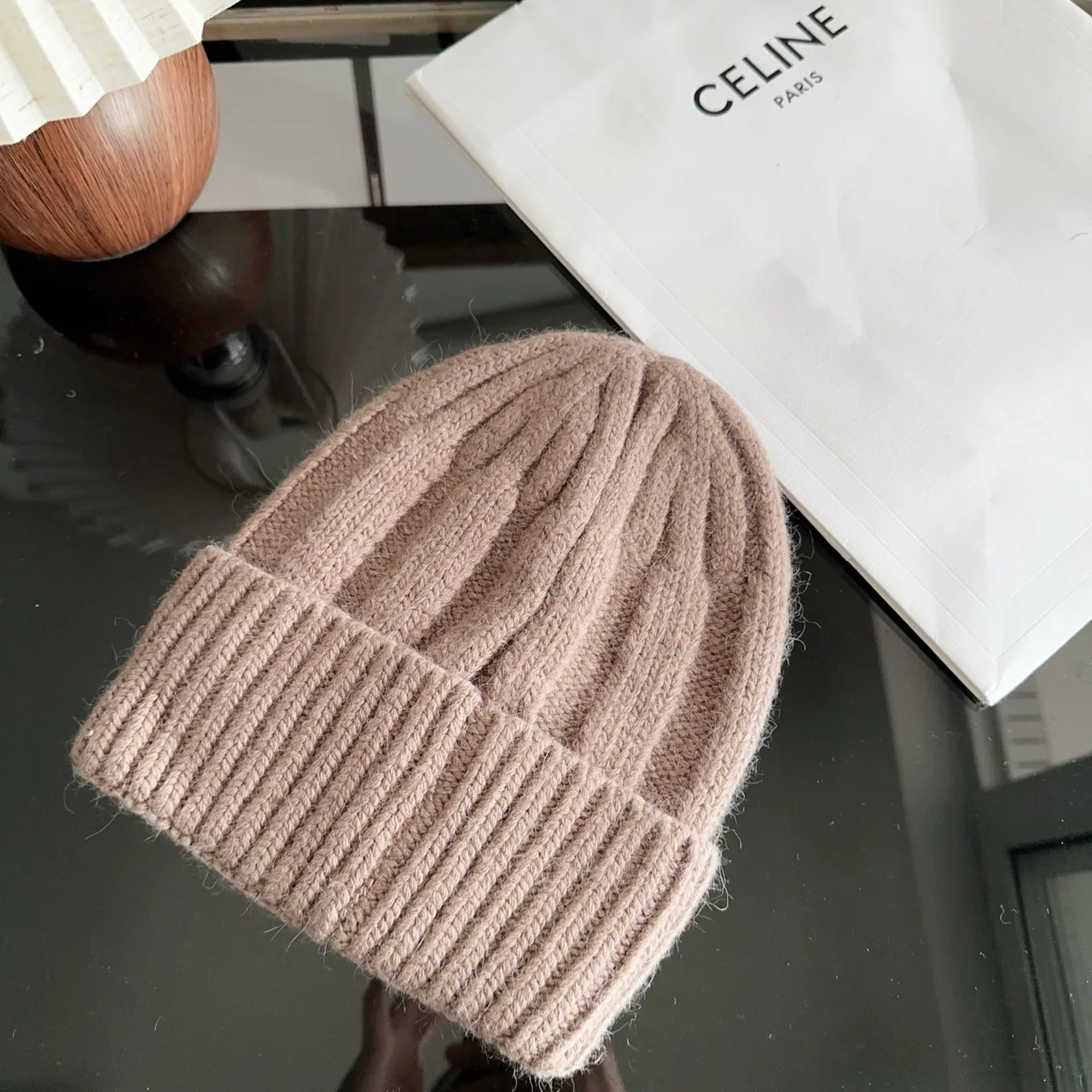 Celine Ribbed Glossy Beanie in Brown · view 5