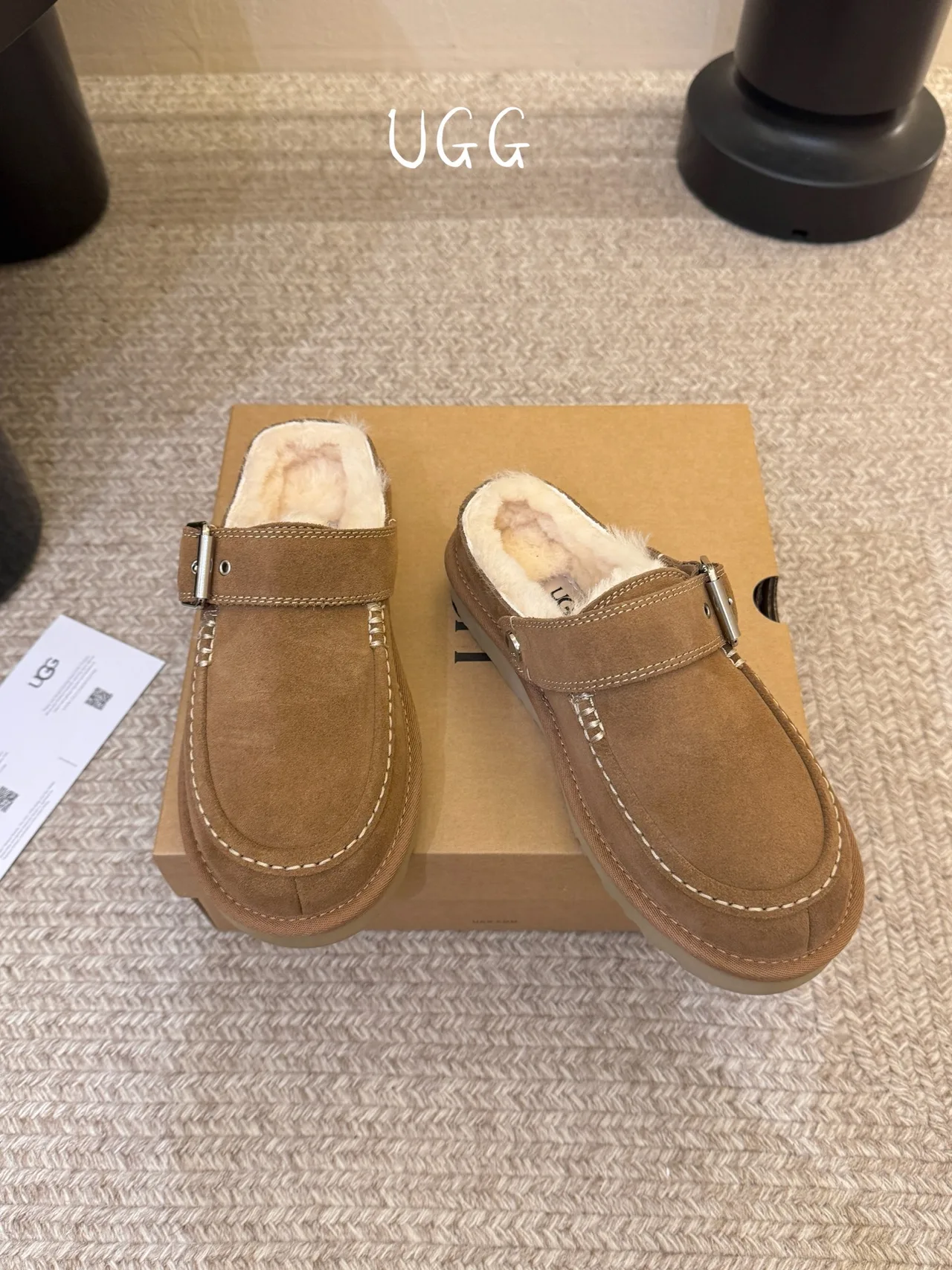 UGG Wool Suede-Look Buckle Lined Loafer Mules in Brown · view 3