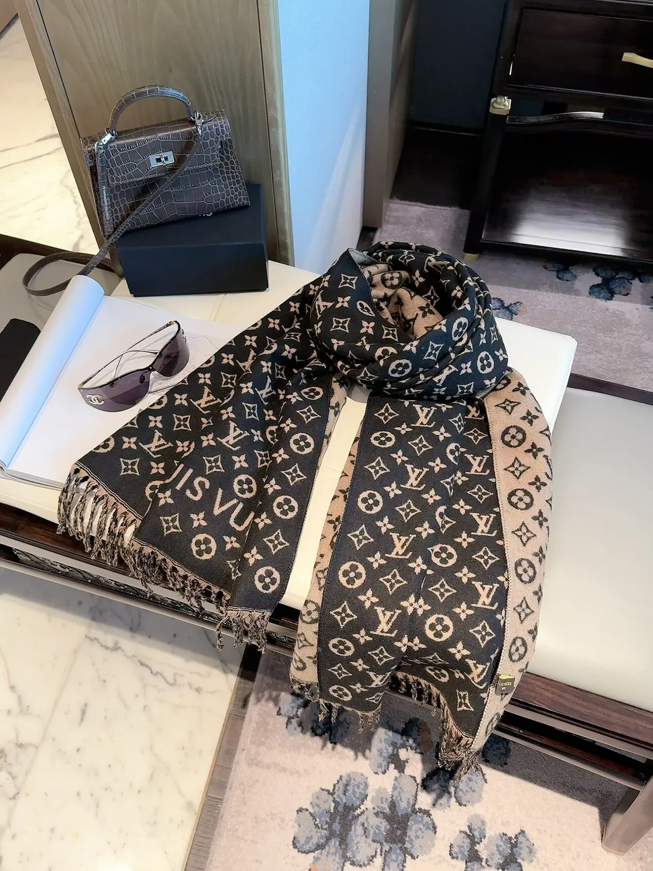 Louis Vuitton Fringed Monogram Scarf in Tan & Black · view 2