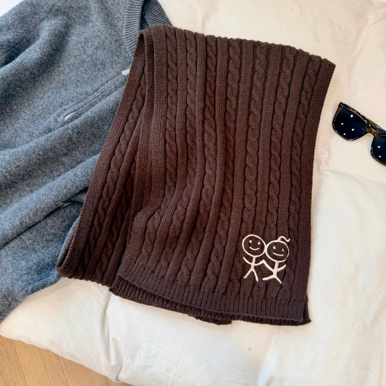 Embroidered Stick-Figure Ribbed Scarf in Brown · view 3
