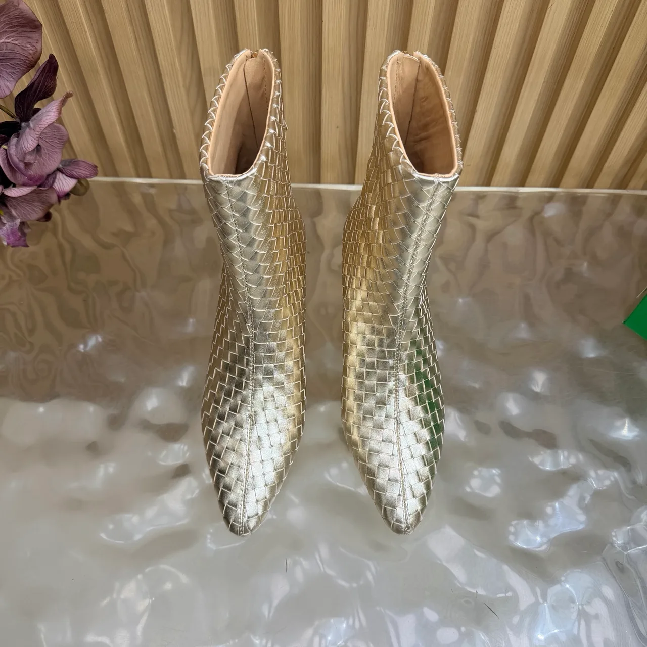 Bottega Veneta Woven Pointed-Toe Ankle Boots in Gold · view 5
