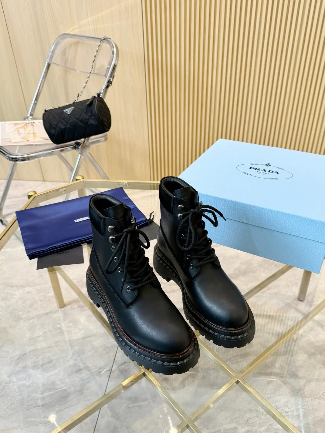 Prada Lace-Up Ankle Boots in Black · view 2