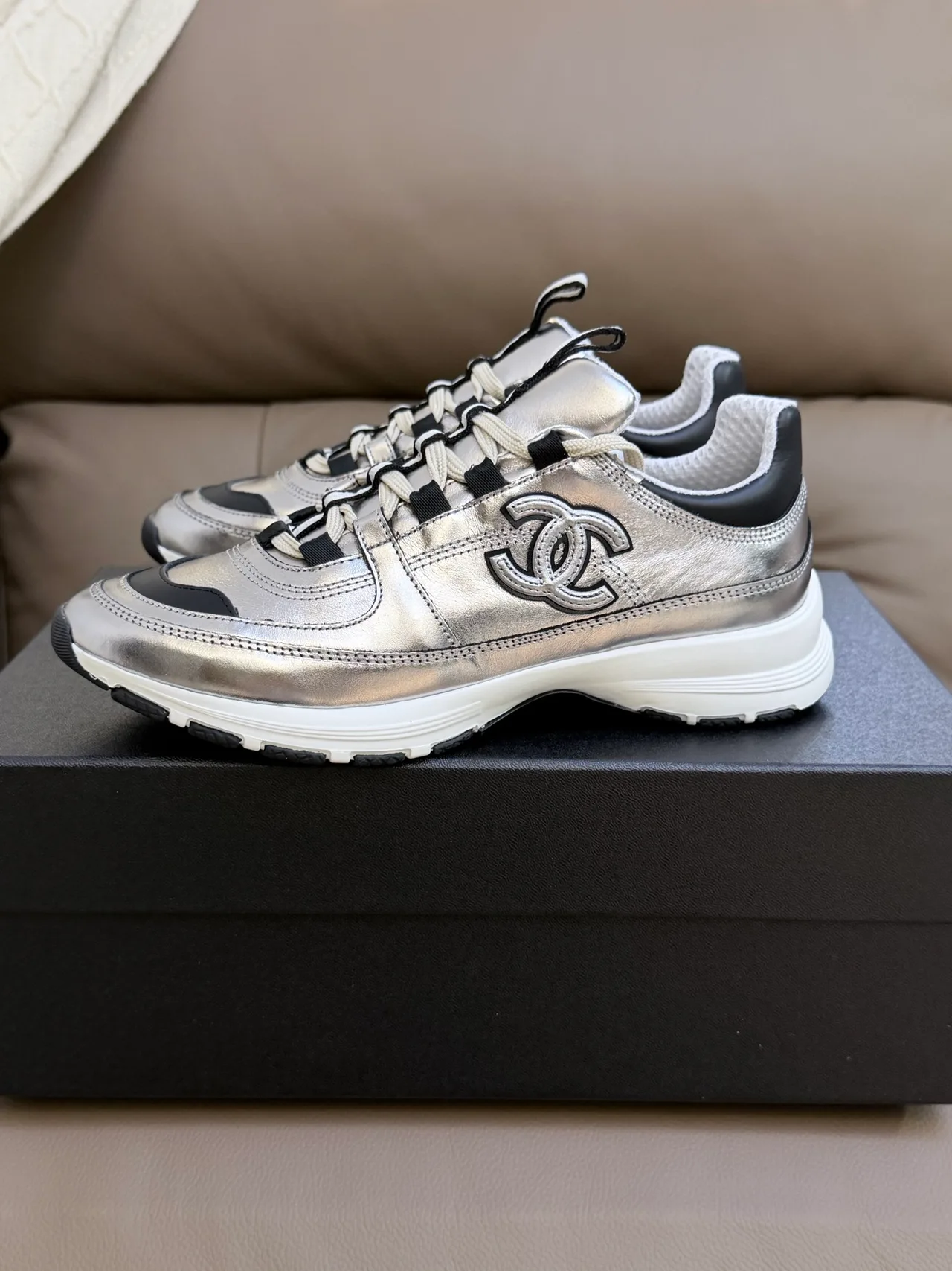 Chanel Cowhide Sheepskin Striped Sneakers in Silver · view 3